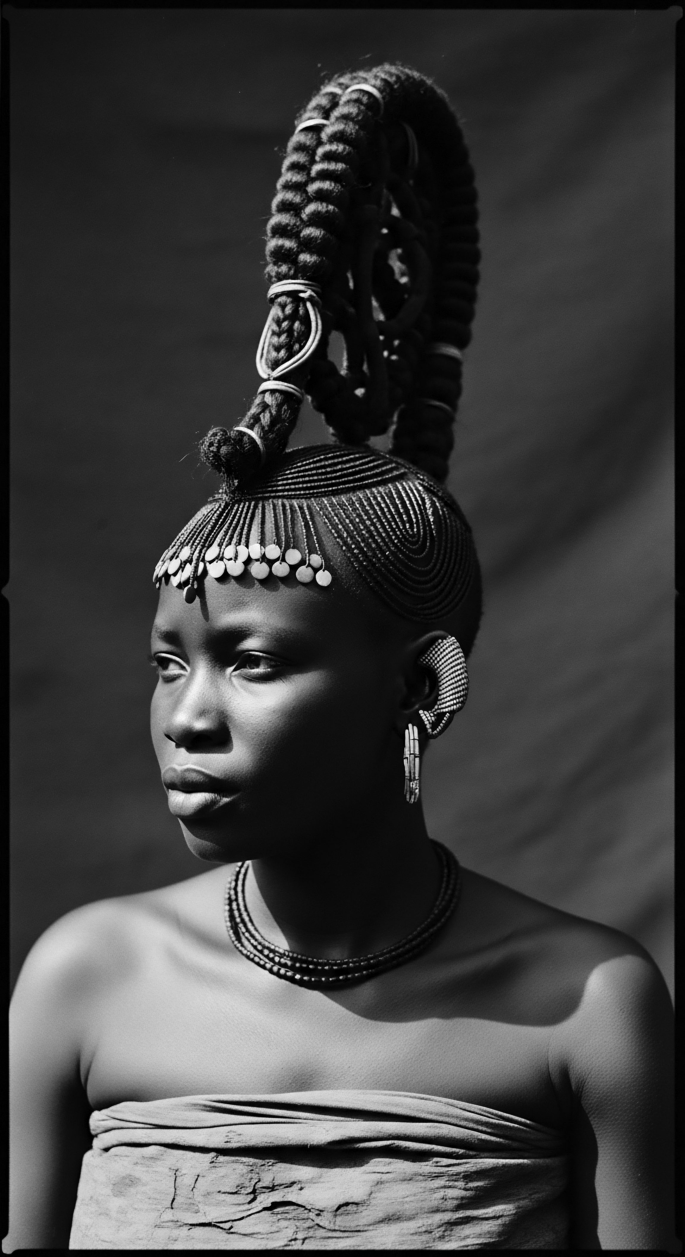 A timeless portrait captures the elegance of a Black woman, her elaborate braided hairstyle symbolizing cultural heritage and personal expression. The stark monochrome enhances the textures of her hair and jewelry, inviting contemplation on identity, ancestral roots, and artistry within Black hair forms.