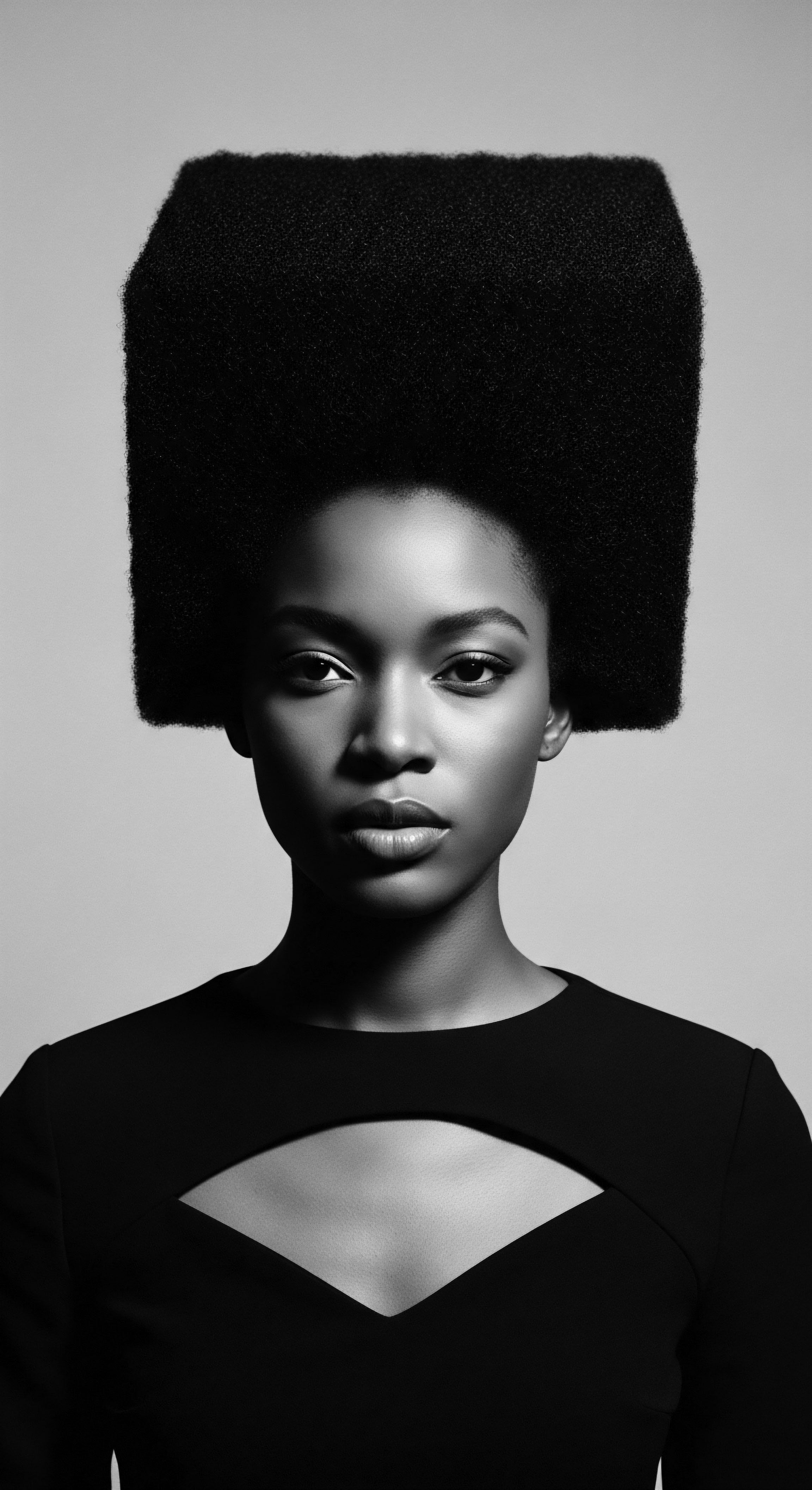 Striking Black and White Portrait of Woman with Afro Textured Hair This portrait celebrates afro-textured hair as an expressive art form, highlighting the blend of ancestral heritage and contemporary style, with an emphasis on sculpted formations and the artistry embedded within Black hair traditions, further amplified by precise geometric shaping and dramatic monochrome lighting.