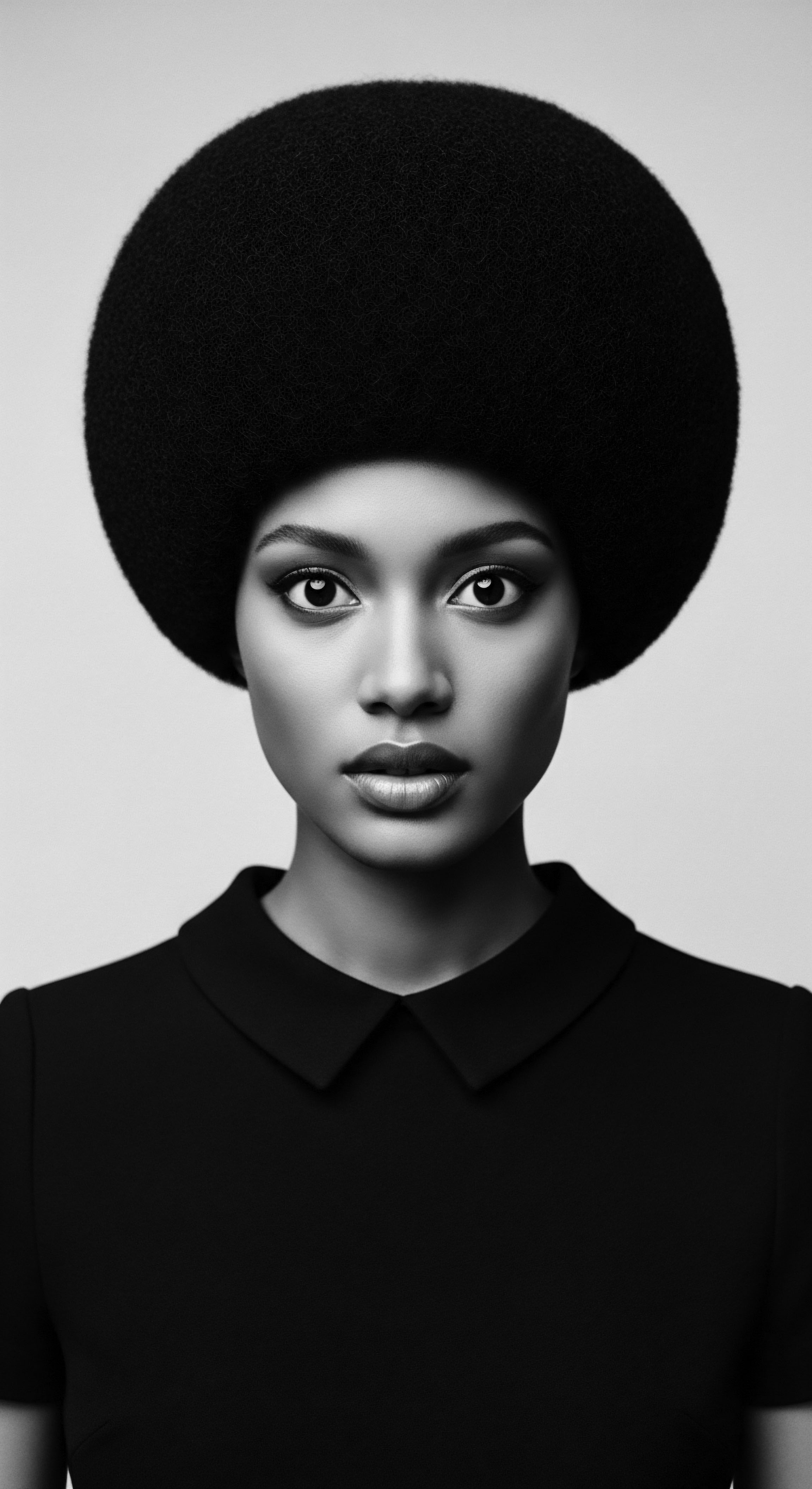 The dramatic monochrome portrait captures the essence of natural hair and regal confidence, celebrating black hair artistry. Her striking afro displays intricate coil patterns and texture, symbolizing identity, ancestral pride, and personal expression with a modern touch.