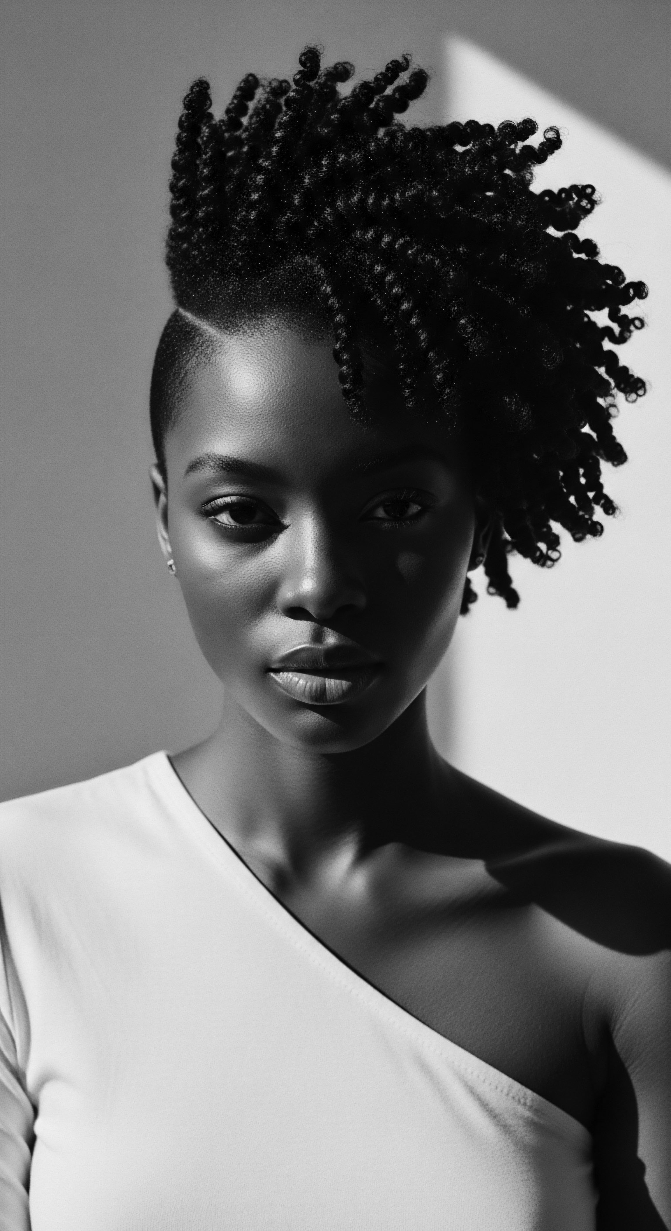 Striking Black and White Portrait of Woman with Coiled Textured Hair The black and white treatment amplifies the subject’s strong features and distinctive coiled textured hair, celebrating Black hair traditions and modern self-expression through styling. Light and shadow define her gaze, inviting a connection and deeper contemplation on beauty and identity.