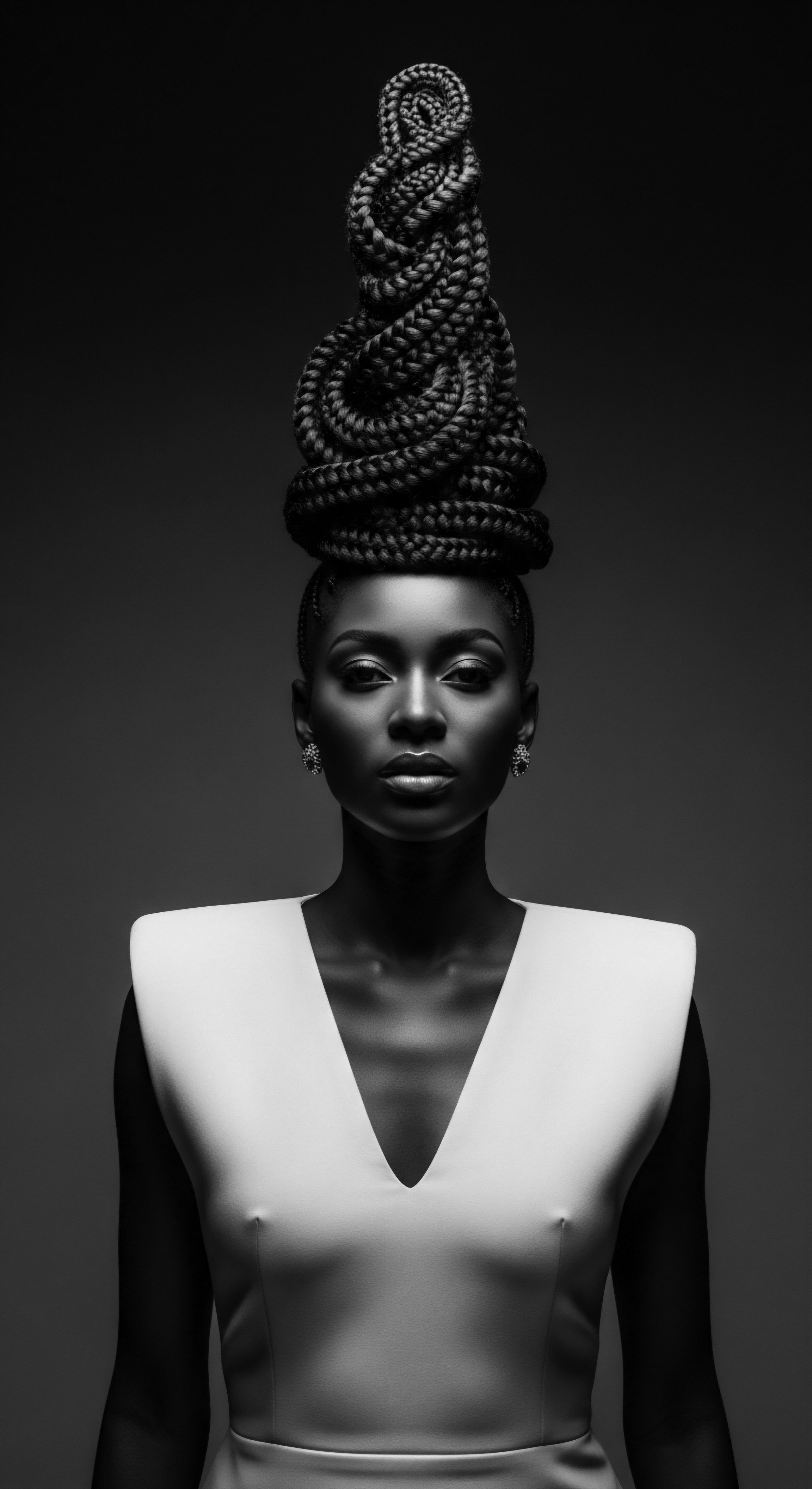 Striking Black and White Portrait of Woman with Elaborate Braided Hairstyle This dramatic portrait celebrates Black hair traditions through its majestic braided crown, a testament to ancestral heritage and expressive styling. The interplay of light and shadow accentuates the texture and artistry of the braids, honoring the woman’s strength and the enduring legacy of Black beauty.