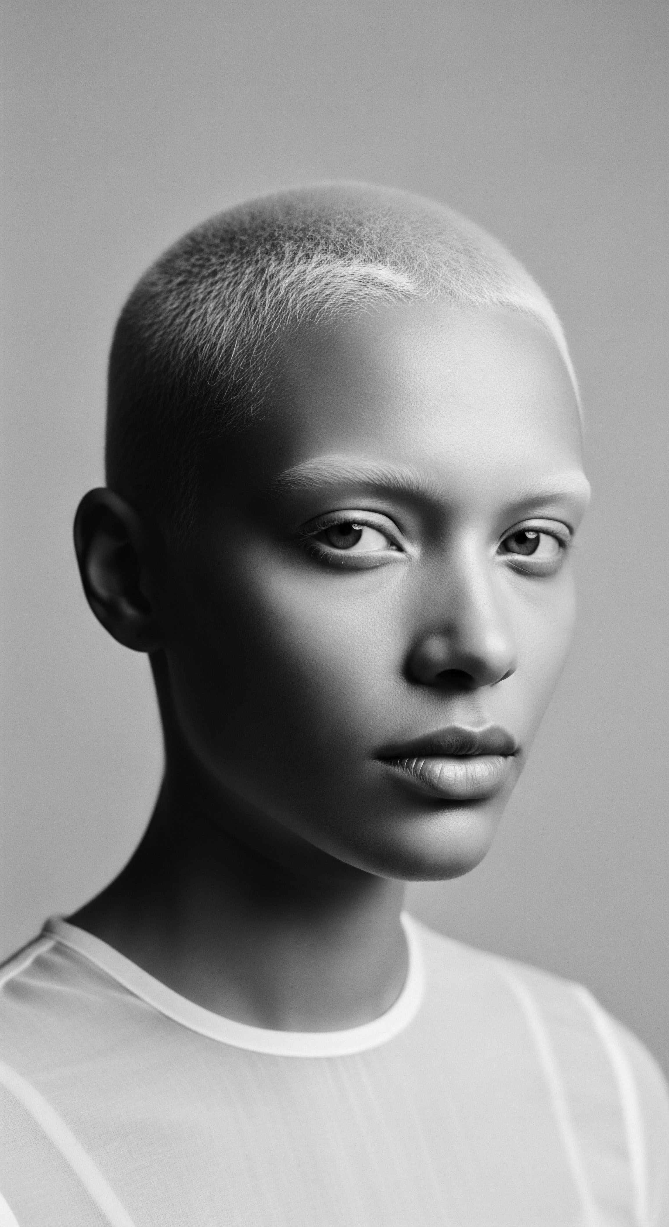 Striking Black and White Portrait of Woman with Shaved Textured Hair The photograph captures a moment of strength and vulnerability, showcasing the woman's striking features and short natural texture while reflecting broader narratives of self-expression, ancestral heritage, and the acceptance of diverse hair formations within Black hair traditions.