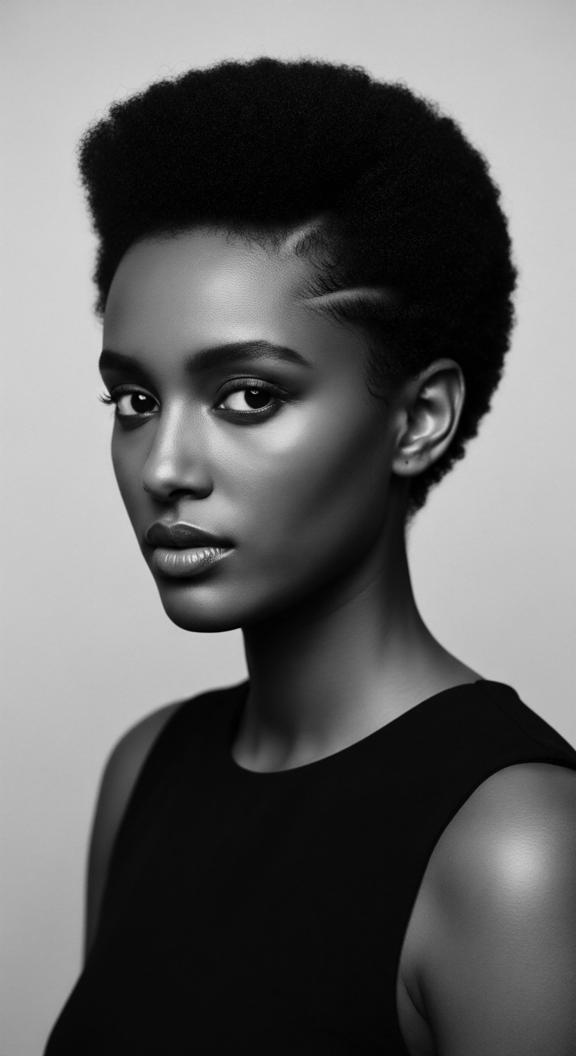Striking Black and White Portrait of Woman with Textured Hair Design The nuanced portrait, highlighting sophisticated Afro-textured style, invites contemplation on identity, heritage, and self-expression. The black and white treatment enriches the textures and emphasizes her features, promoting discussion on beauty standards and textured hair appreciation, showcasing natural hair.