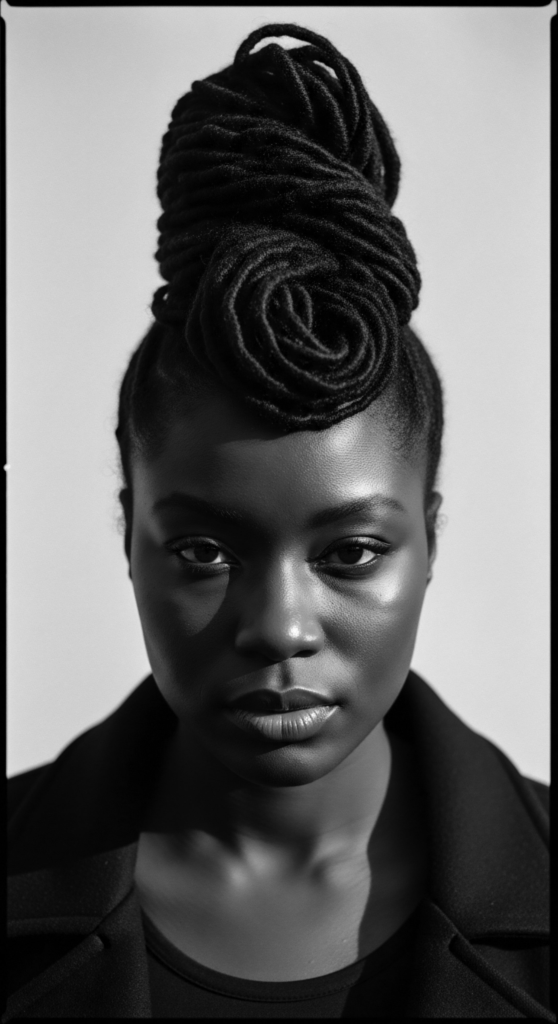 Striking Black and White Portrait of Woman with Textured Hair Updo This portrait emphasizes the profound beauty and artistry inherent in Black hair traditions the spiraling formations of the updo tell a story of ancestral heritage, holistic hair care practices, and the power of expressive styling, all captured in a monochrome study of light and shadow.