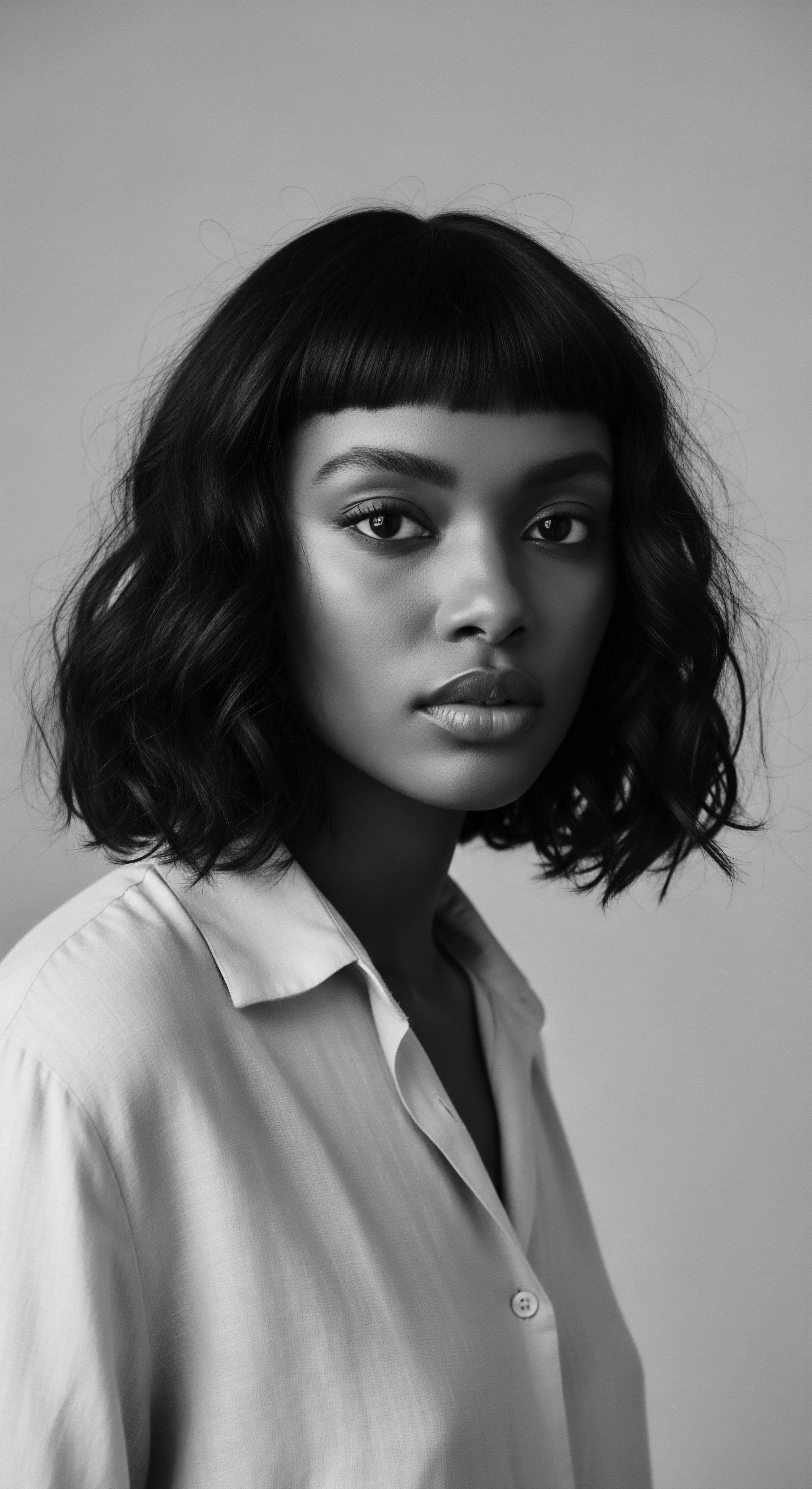 A monochrome portrait features a woman with a short, wavy bob and blunt bangs, highlighting the contrast between light and shadow on her skin. Her hair showcases a soft, undulation pattern. The classic shirt adds an element of timeless elegance, drawing focus to facial symmetry and textured hair.