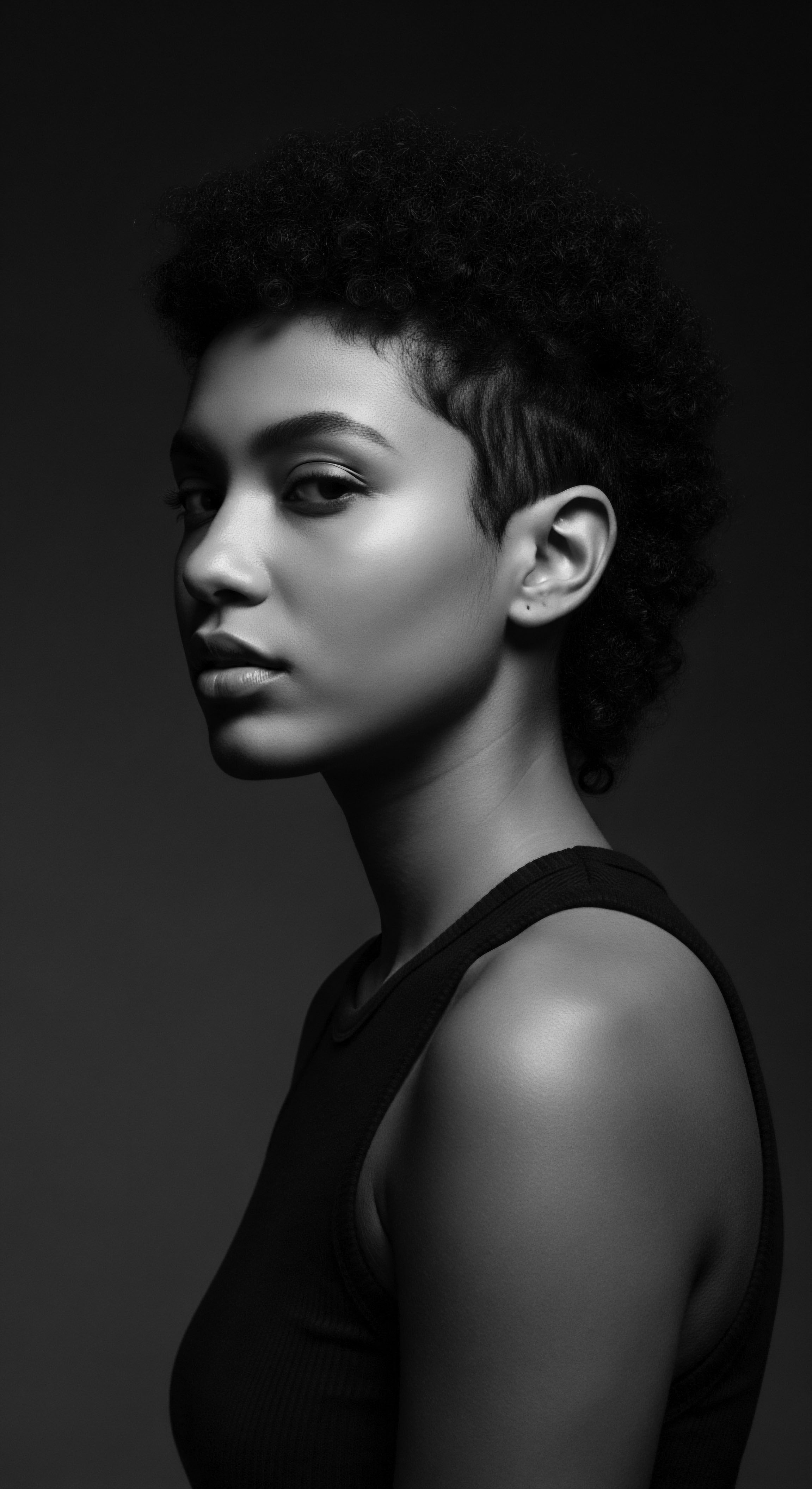 Striking Black and White Portrait Revealing Strength Resilience and Textured Hair Illuminated by stark contrast, the portrait highlights the beauty of coiled texture. Her unwavering gaze, combined with the visual contrast, speaks to cultural narratives, empowerment and the celebration of ancestral black hair traditions while embracing mixed-race hair narratives and styles.