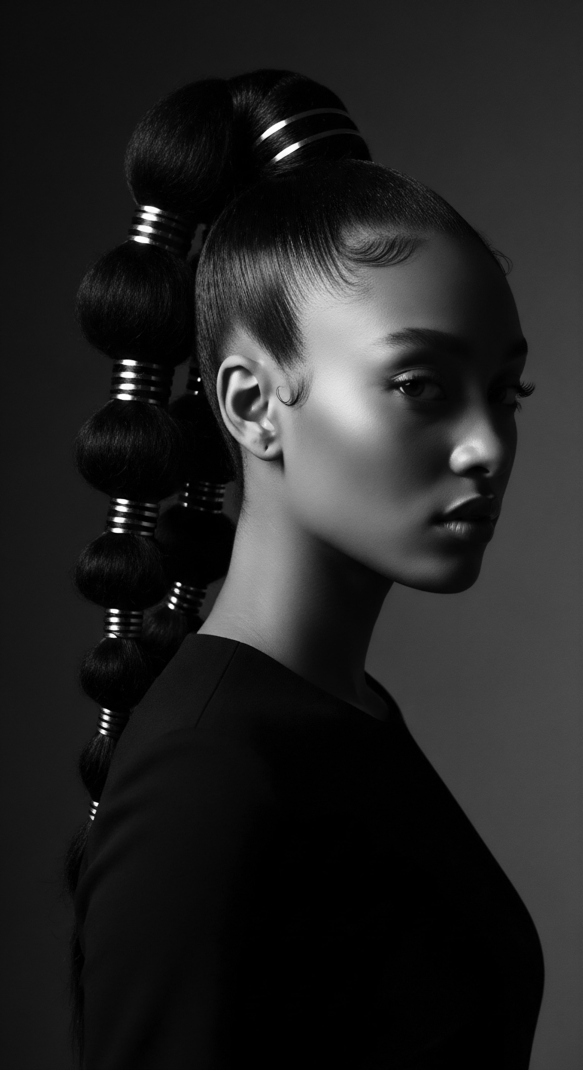 Striking Black and White Portrait Showcasing Textured Hair Styling and Elegant Adornments The portrait captures the fusion of heritage and artistry, spotlighting an innovative textured hairstyle accented with geometric details. This visual expression showcases individual identity, while honoring cultural roots and embracing future styling trends and demonstrating the beauty and versatility of holistic approaches to textured hair.
