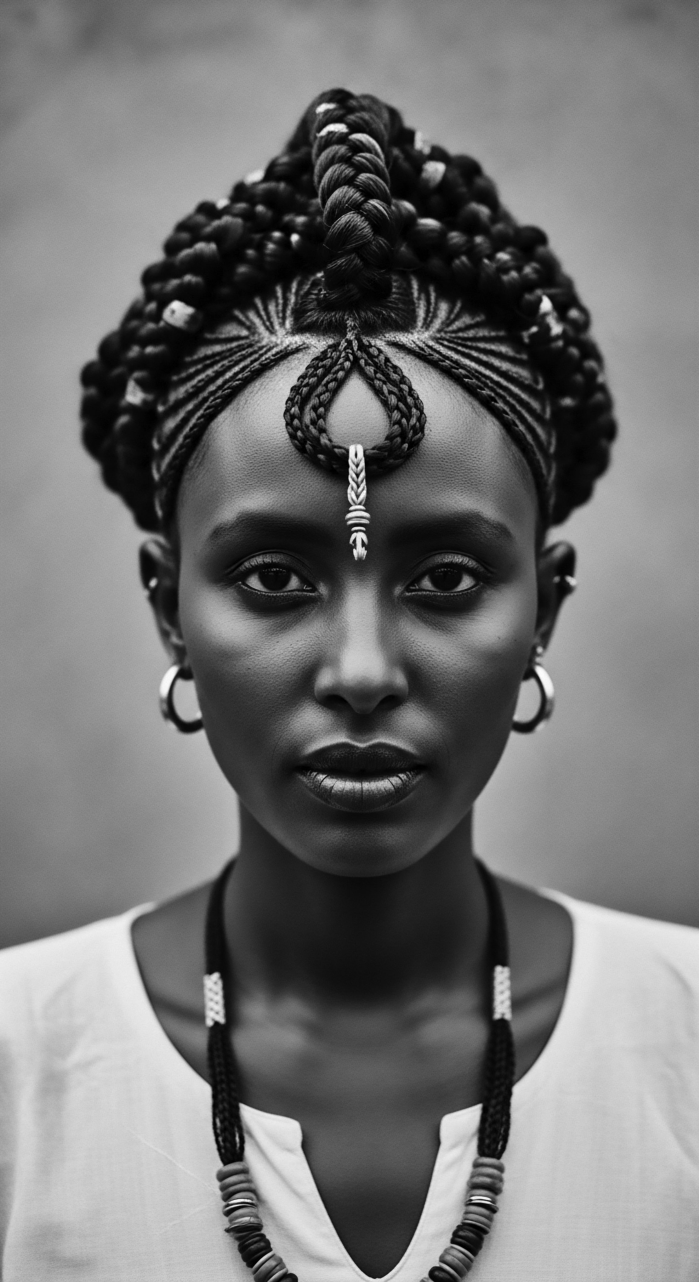 The image's stark contrast highlights the beauty of textured hair and ancestral adornment, offering a powerful statement on identity. The coil braid crown and ornate details are a compelling vision. The artistic composition honors holistic beauty.