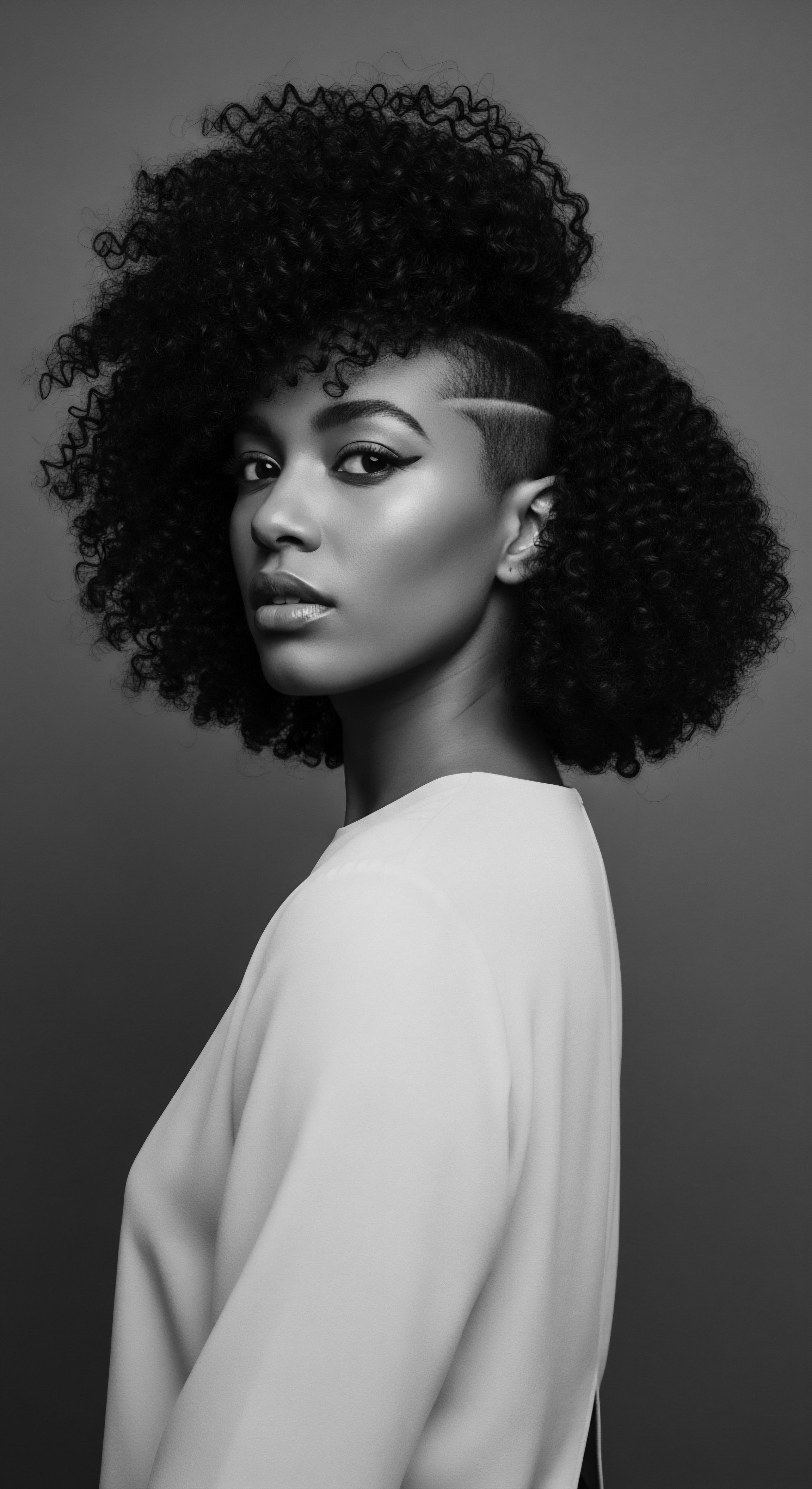 Striking Black and White Portrait Woman Afro Hair Undercut Eye Makeup This monochrome portrait immortalizes a woman's powerful gaze and distinctive coily afro, juxtaposed with a modern undercut, echoing heritage and identity. It celebrates a tapestry of expression, a nod to the beauty and resilience inherent in textured hair forms and styling choices within mixed-race narratives and holistic hair care.