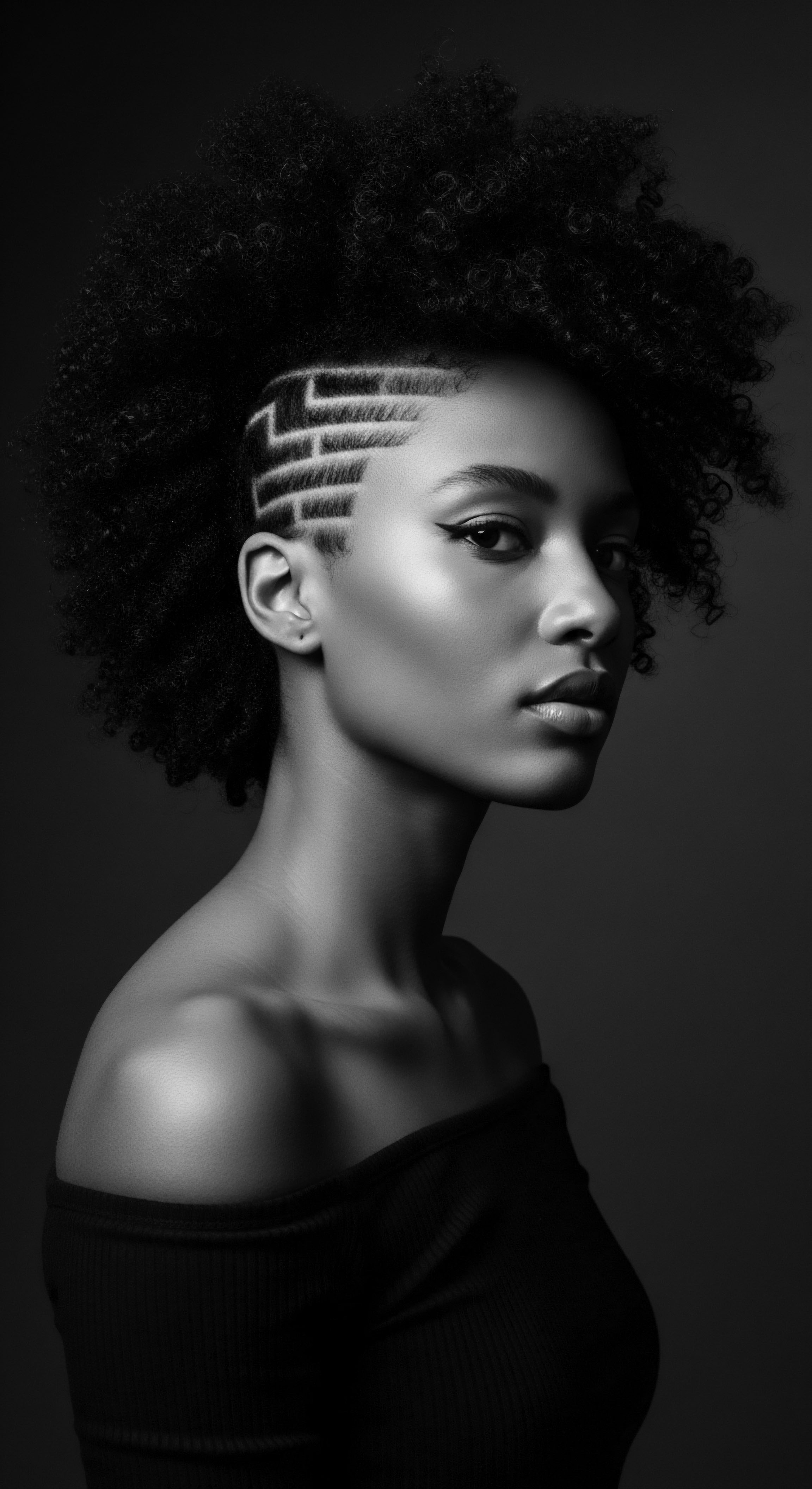 Striking Black and White Portrait Woman Textured Hair Geometric Shaved Design This striking black and white image showcases coiled textured hair juxtaposed with an edgy, geometric shaved design, creating a bold statement of self-expression and heritage. The contrasting textures and shapes emphasize the beauty and versatility of natural Black hair within a contemporary artistic context.