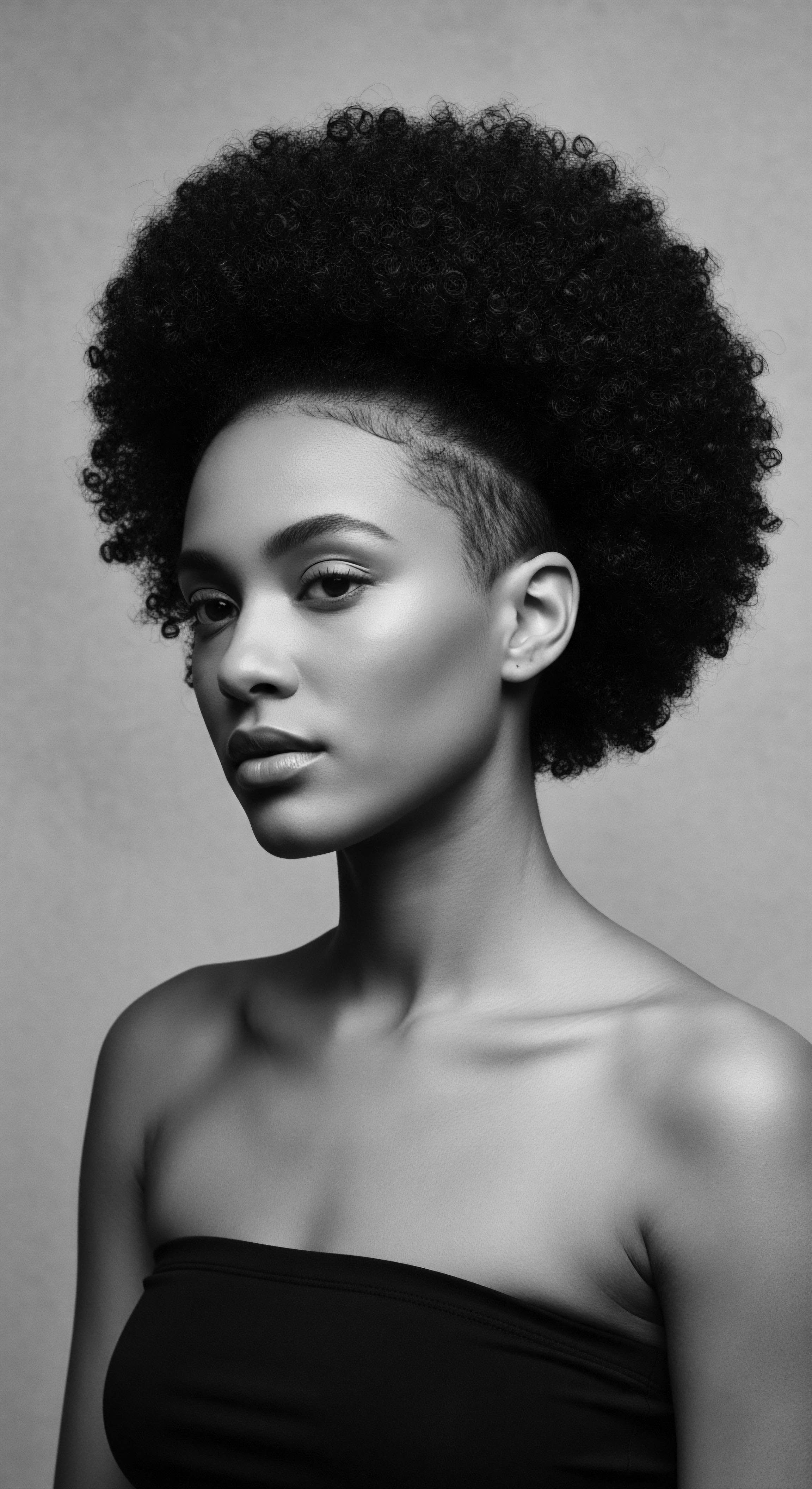 A monochromatic portrait captures a young woman featuring dense, coiled Afro texture, shaved sides transitioning to a full crown. Soft light sculpts cheekbones, draws attention to the natural hair texture, while her steady gaze invites exploration of black hair narratives and expressive identity through heritage.