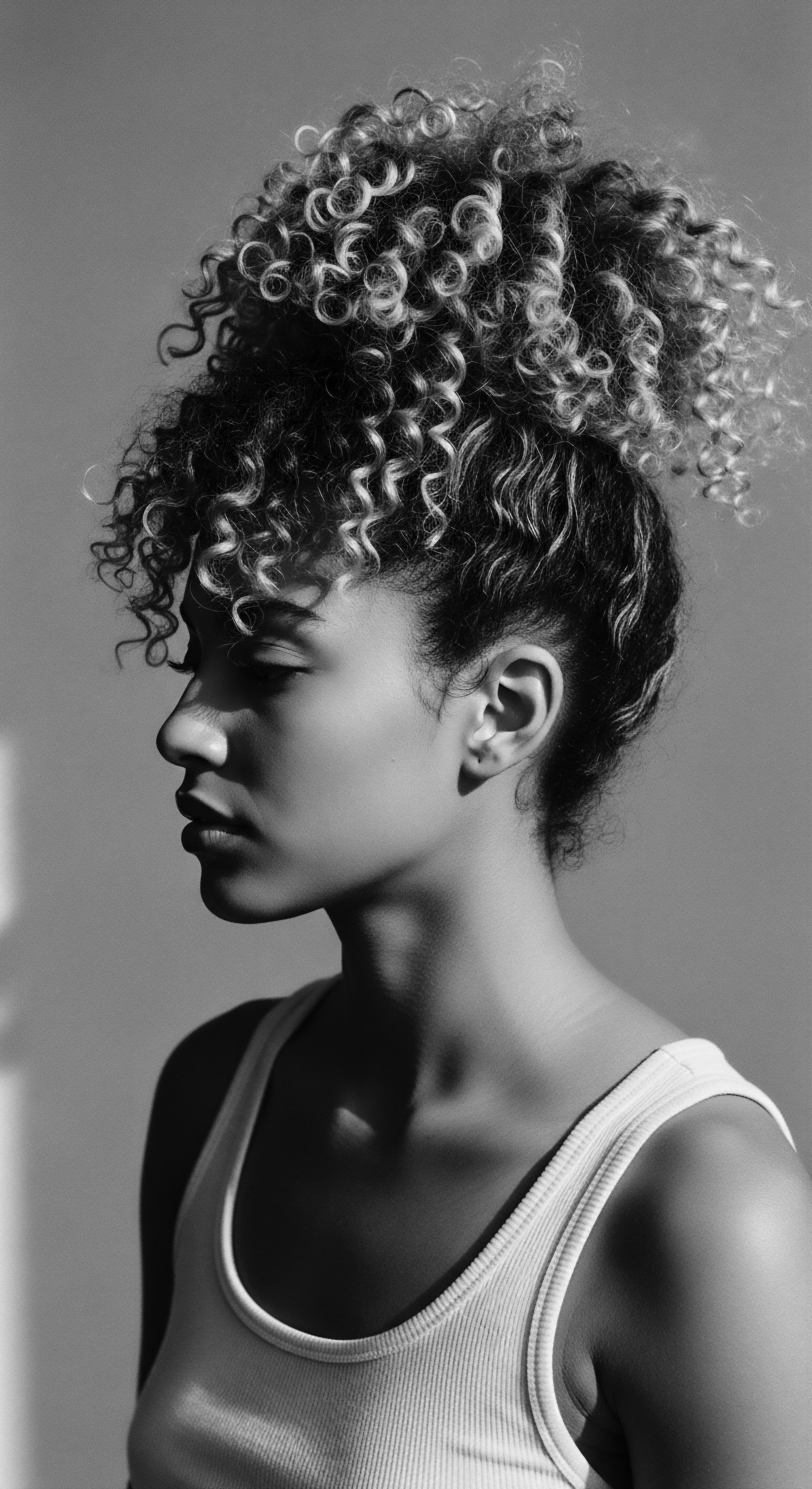 Striking Black and White Profile of a Woman with Coiled Hair Updo The woman's elevated hairstyle is a striking silhouette that accentuates her features, blending traditional styling with a modern aesthetic. The textures of her hair, amplified by stark light contrast, reflect both ancestral heritage and contemporary expressions of beauty for women with highly textured hair.