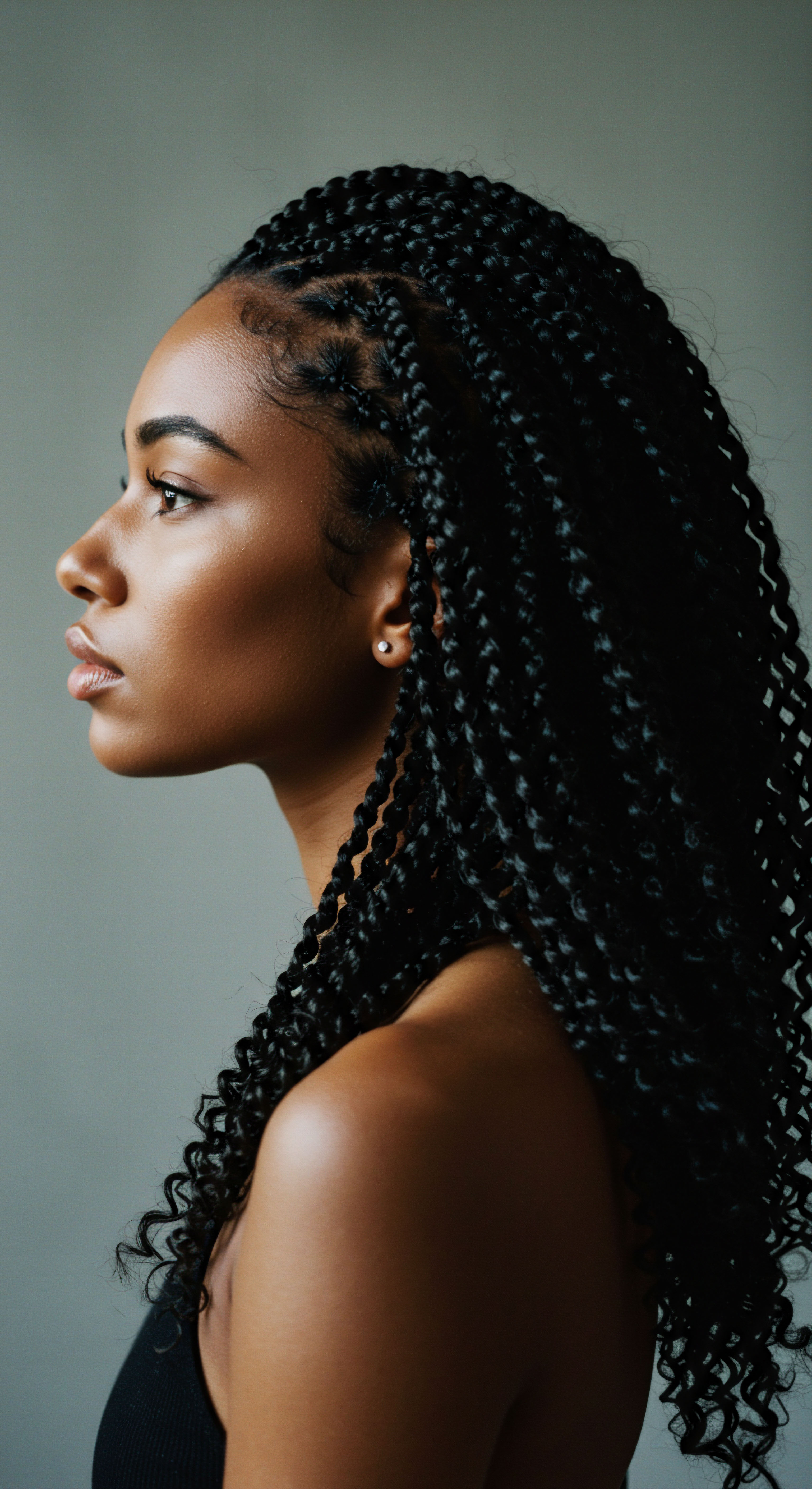 Striking Coily Braids Reflecting Indigenous Protective Hair Patterns Captivating profile showcases black, mixed-race textured hair styled in exquisite coily braids. This protective style embodies ancestral heritage and diligent care. Optimal moisture retention and striking strand definition underscore scalp health and pattern integrity, celebrating natural beauty.