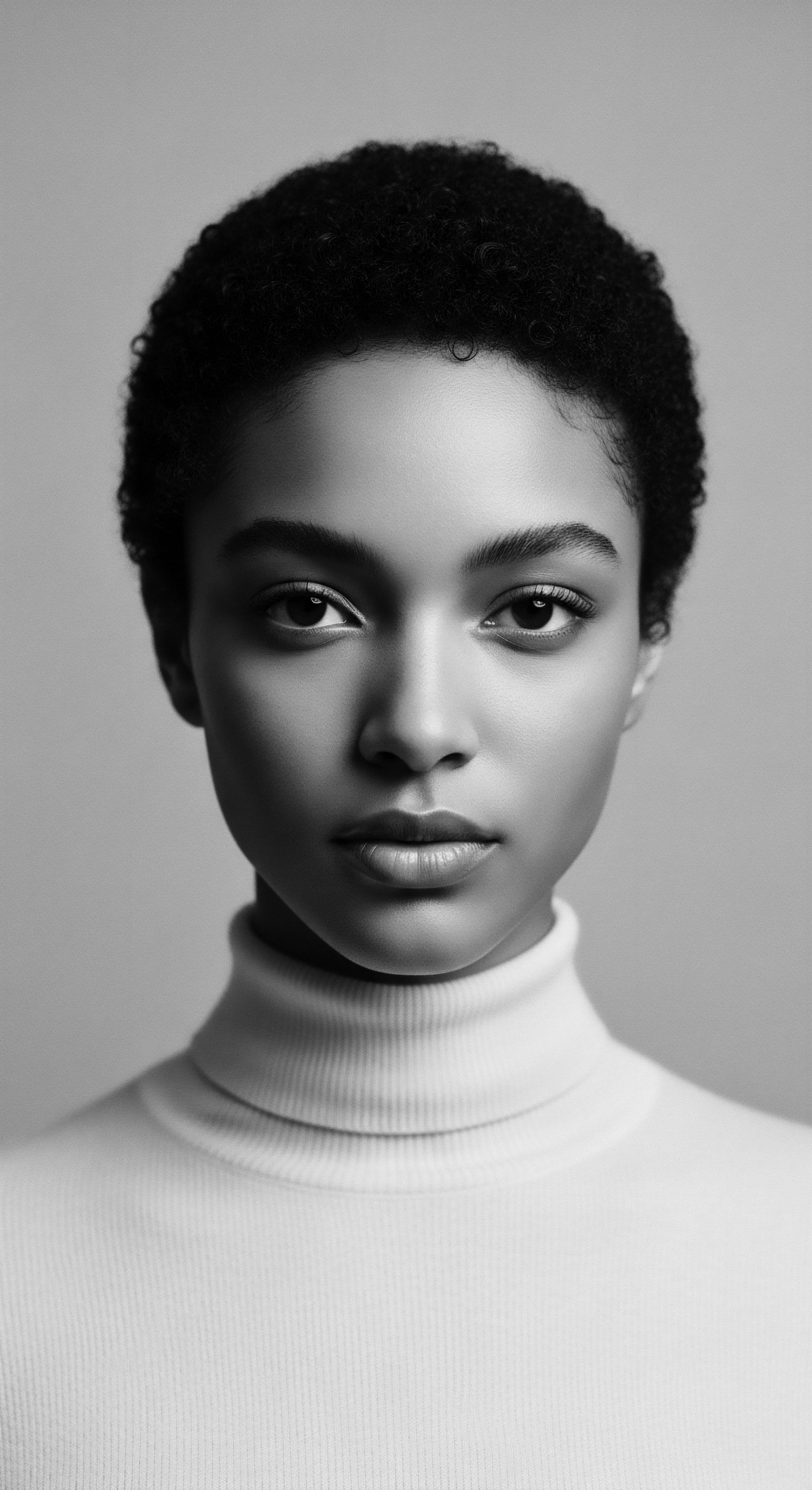 Striking Monochromatic Portrait of a Young Woman with Natural Coiled Hair This monochromatic image exudes serene strength and grace, highlighting the beauty of natural coiled hair. The woman's confident poise speaks volumes about self-acceptance and expressive styling within the realm of Black hair traditions and the importance of celebrating diverse textured hair forms.