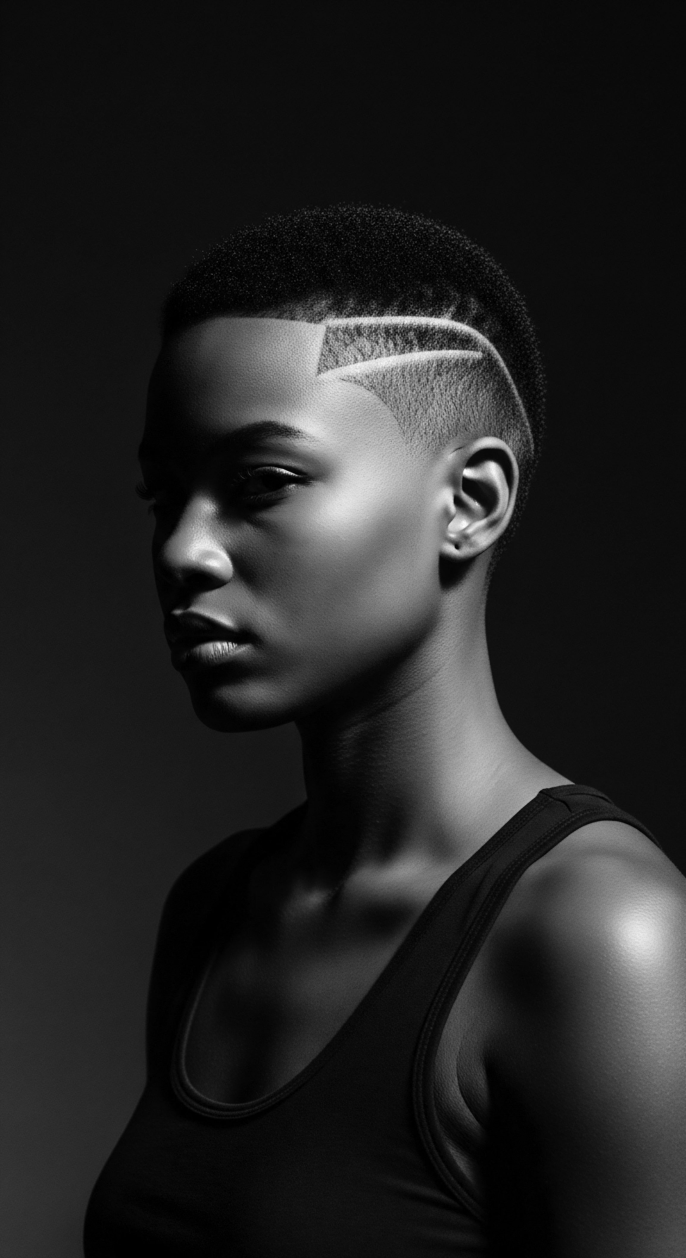 Monochrome portrait showcases a Black woman's strong profile, highlighting an artistic short haircut. Razor sharp hair design is visible along the hairline contrasting beautifully with deep skin tones. It is a testament to heritage, identity, and expressive styling. The sharp contrast emphasizes form and precision.