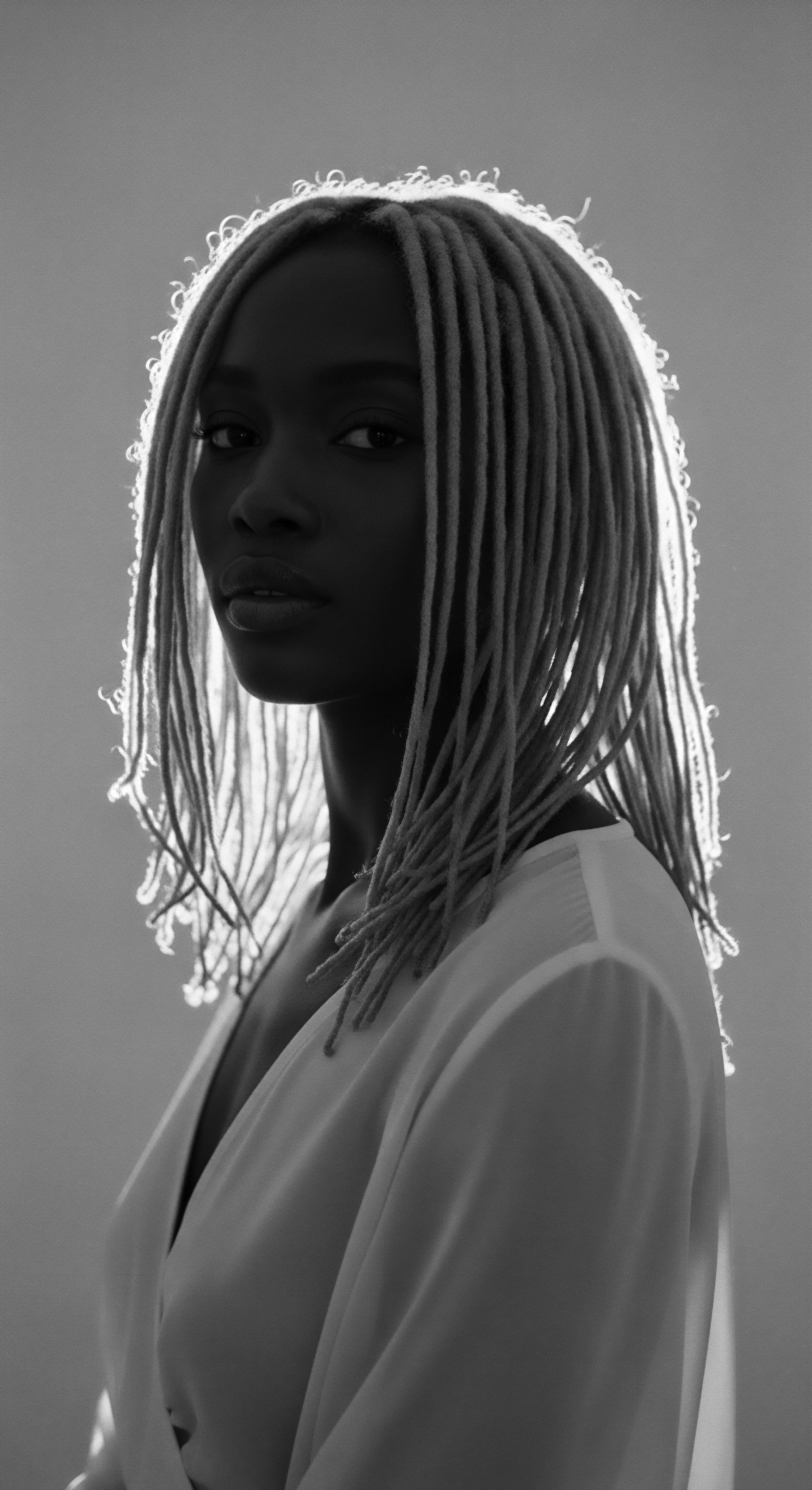 Striking Monochrome Portrait of Black Woman with Locs Highlighted by Backlight Illuminated by ethereal backlight, the Black woman's locs become a symbol of cultural pride and resilience. This portrait celebrates the beauty and unique textures in afro textured hair, an invitation to contemplate identity and the profound connection to ancestral roots, while presenting her hair texture details.
