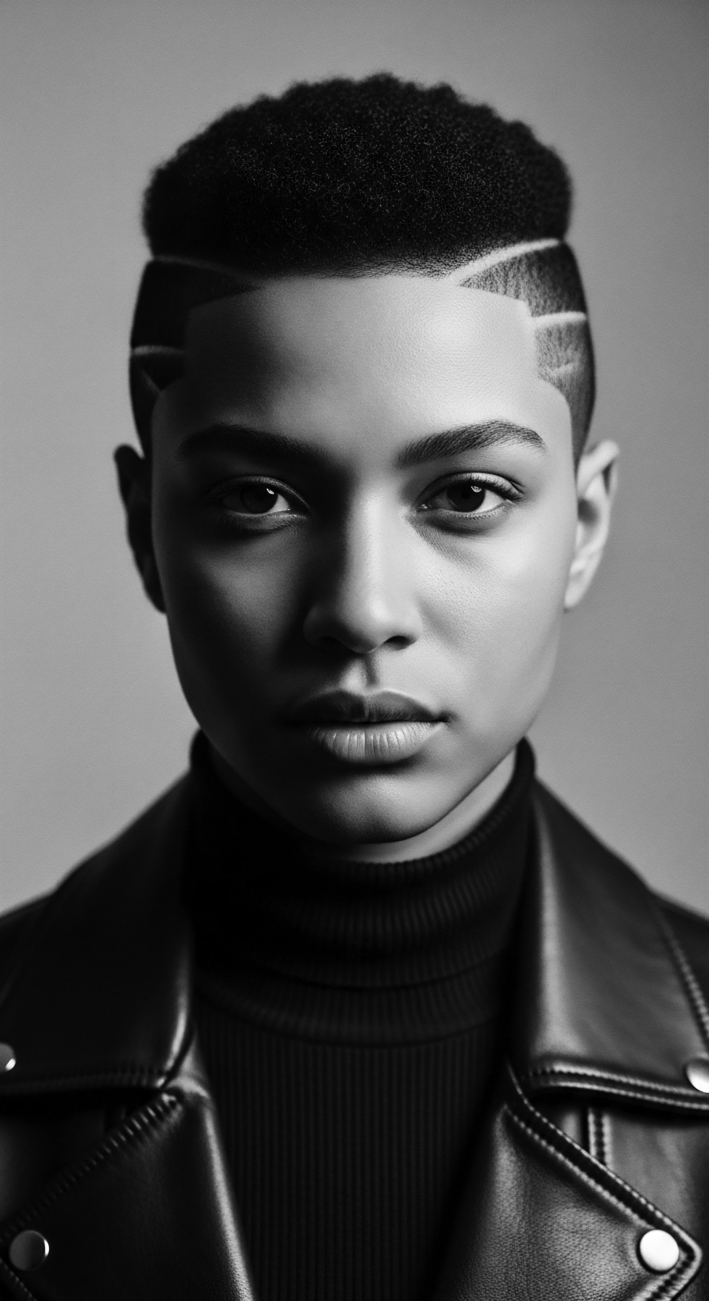 Striking Monochrome Portrait of Individual with Sculpted Textured Afro Hair Design The monochrome portrait highlights the person's carefully designed, tightly coiled Afro hair formation, creating an iconic statement of personal identity, heritage and contemporary expression. This artistic styling speaks to the traditions of textured hair care, artistic culture, and authentic self-celebration.
