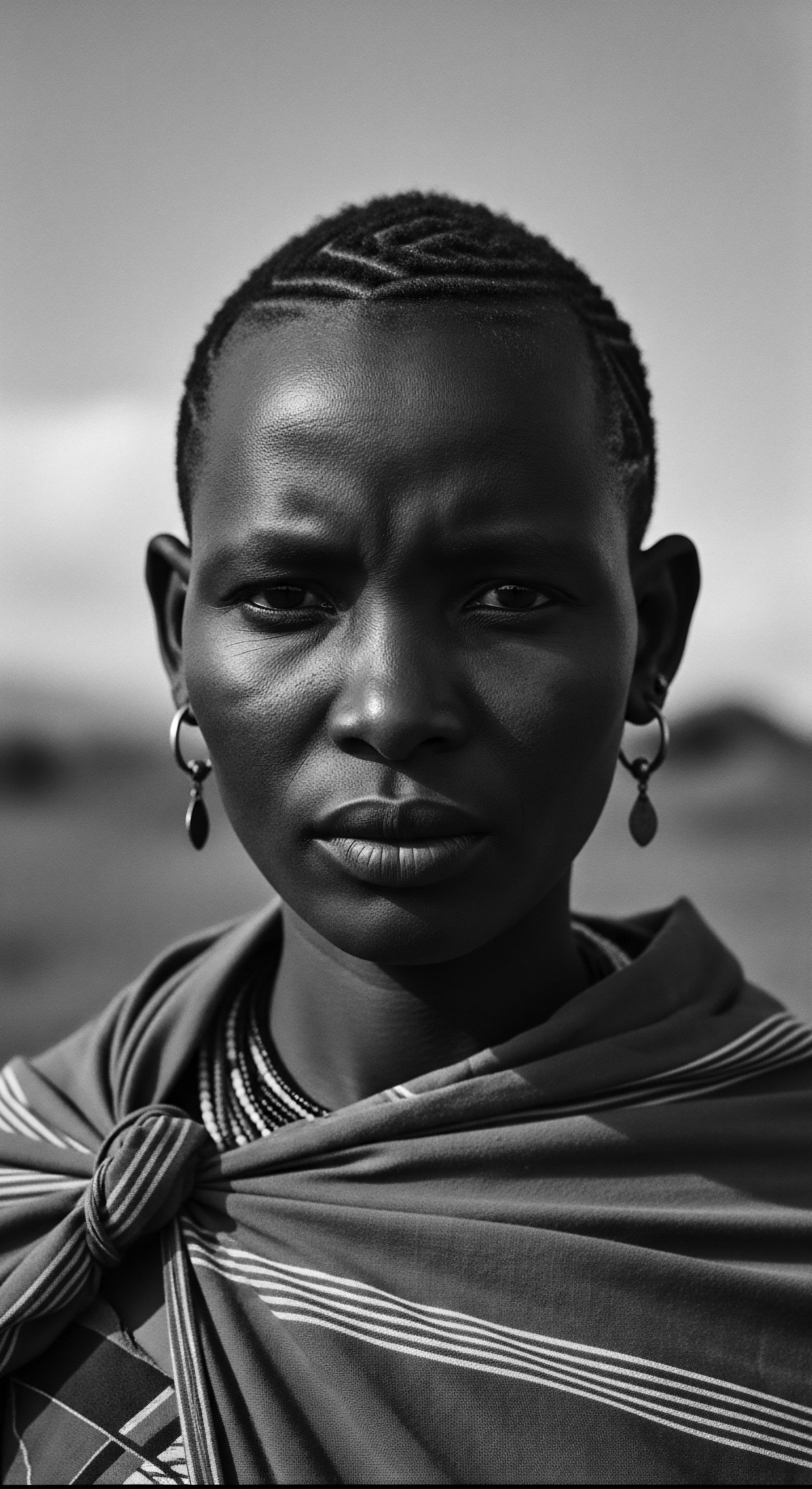 Striking Monochrome Portrait of Maasai Woman Showcasing Braided Hair Traditions The striking portrait of the Maasai woman emphasizes generational beauty and ancestral heritage, as she showcases meticulously braided hair and traditional adornments, reflecting a deep connection to culture, sebaceous balance care and identity within the East African aesthetic of high-density hair.