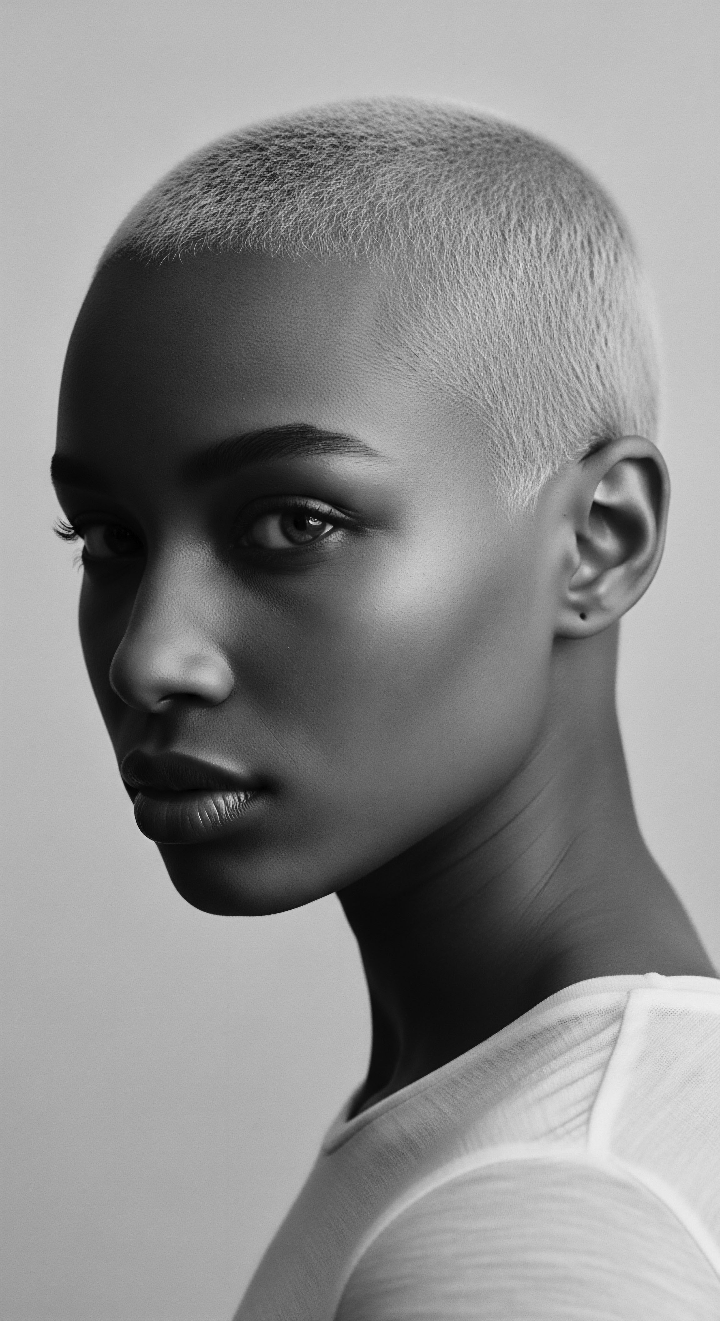 Striking Monochrome Portrait Woman with Shaved Head and Intense Gaze This striking portrait captures a moment of intense focus, showcasing a woman's inner strength, healthy hair and flawless skin, highlighting the elegance of minimalistic hairstyle, the beauty of natural textured forms, and celebrates a harmonious balance of heritage, individuality, wellness and expressive self-acceptance.