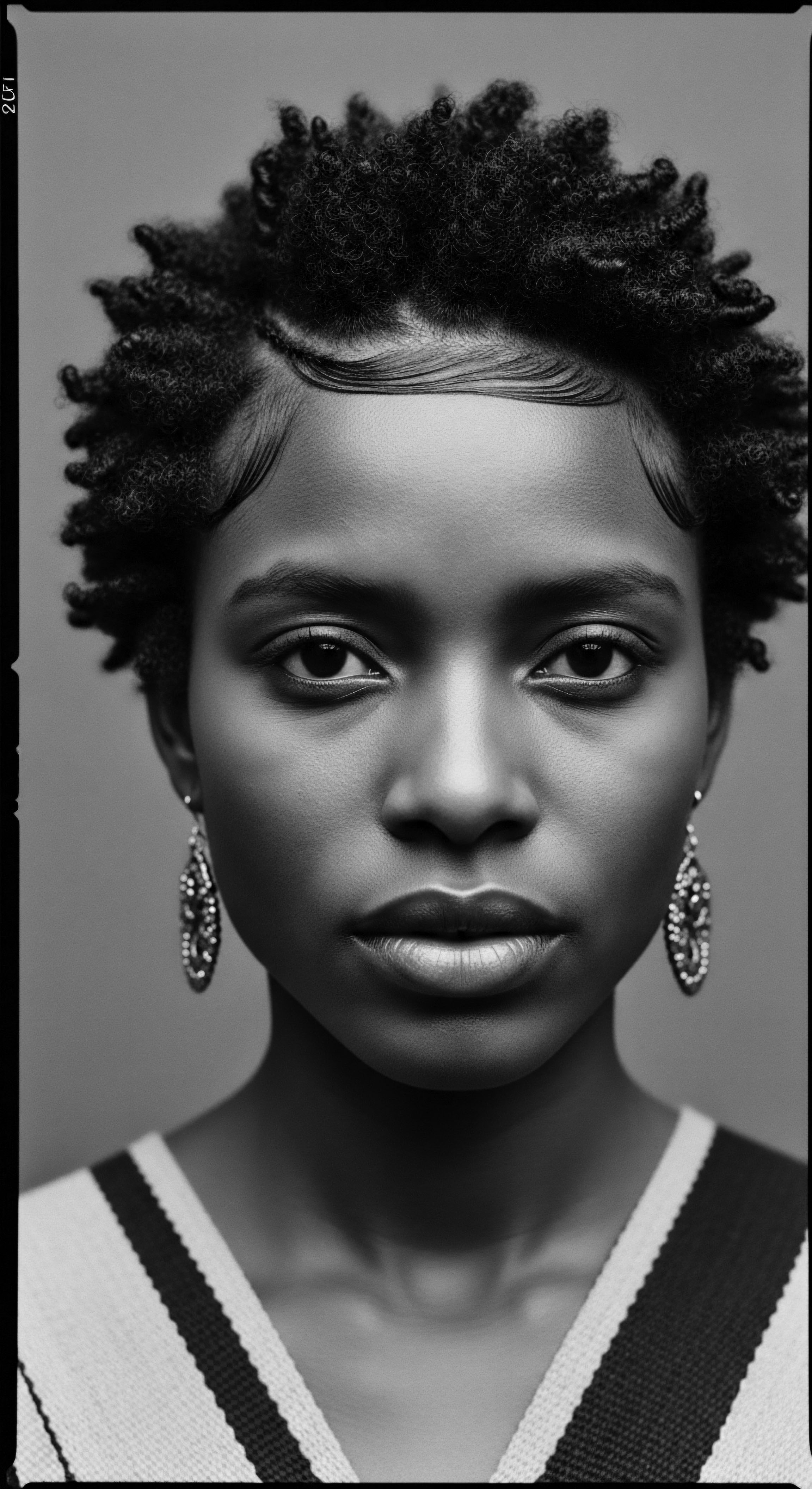 Striking Portrait African American Woman Showcasing Finger Coils and Edges Styling Defined 4a finger coils exemplify intentional texture styling embracing the wearer's ancestral heritage and personal narrative. Sebaceous balance care radiates through the strands reflecting a holistic approach, celebrating black hair traditions and artistry of coiled hair as a powerful medium of self expression.