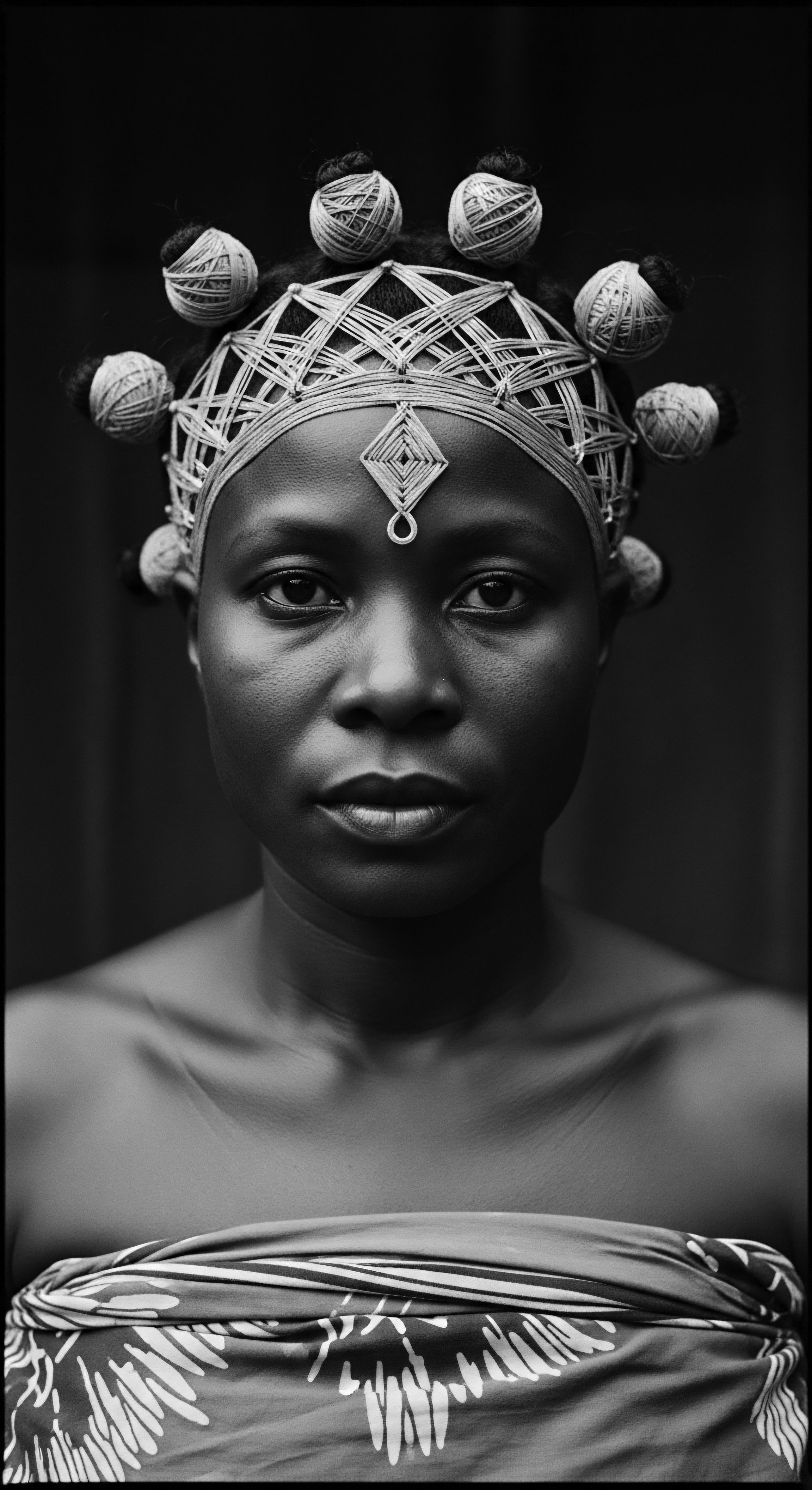 Striking Portrait Black Woman Adorned Hair Yarn Headpiece Cultural Significance Woman's resolute expression framed by the striking yarn headpiece evokes ancestral connections, embodying cultural heritage through expressive styling. The monochromatic tones enhance textures, revealing a profound narrative of identity, resilience, and the enduring beauty of Black hair traditions in an expertly balanced composition.