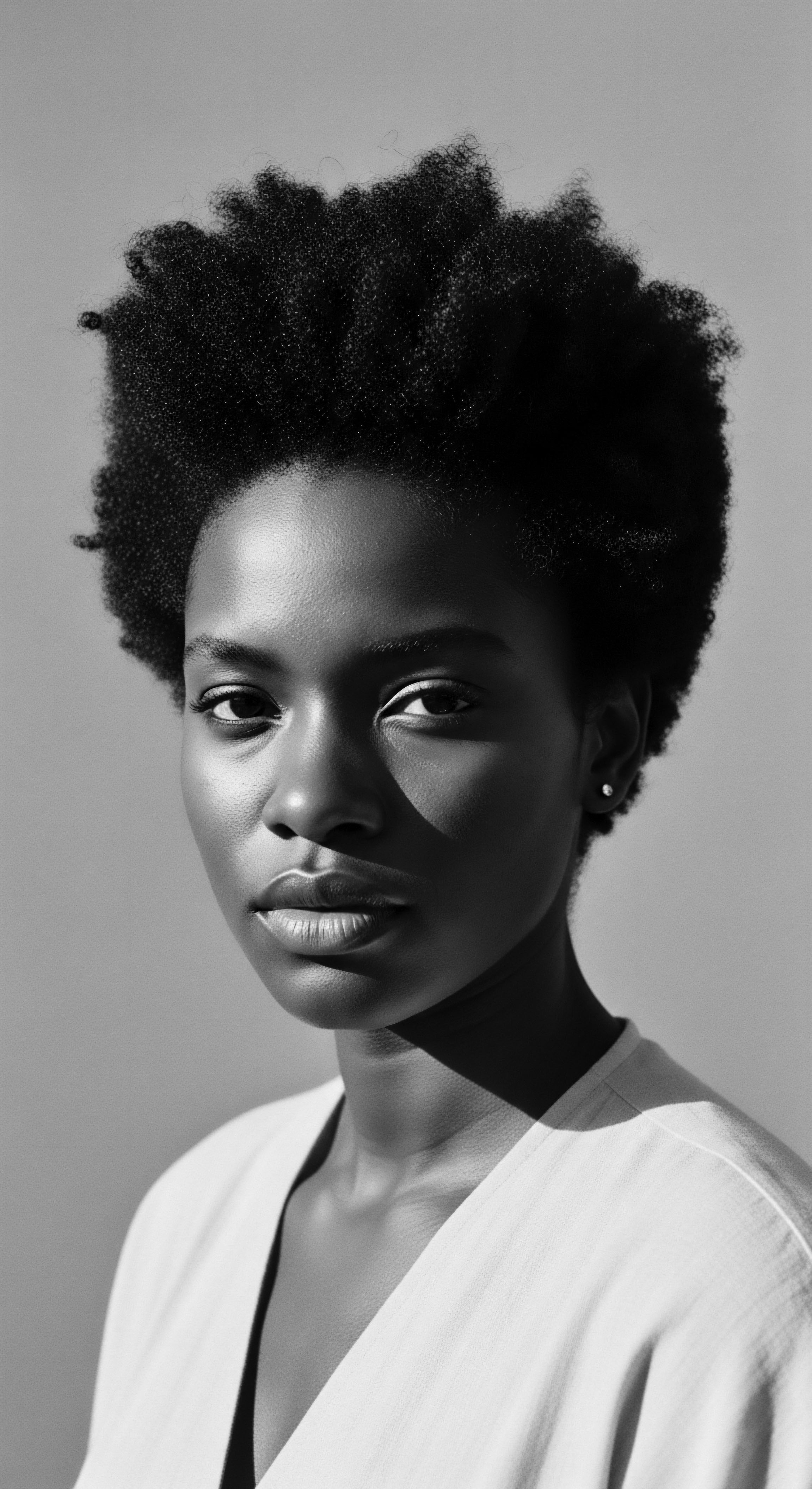 Striking Portrait Black Woman Natural Afro Hair Texture Direct Gaze Style The portrait celebrates the inherent beauty of natural Afro textured hair, reflecting ancestral heritage and the power of expressive styling. Light and shadow play across the subject’s face, inviting viewers to appreciate the unique identity and heritage captured, showcasing an authentic hair tradition.