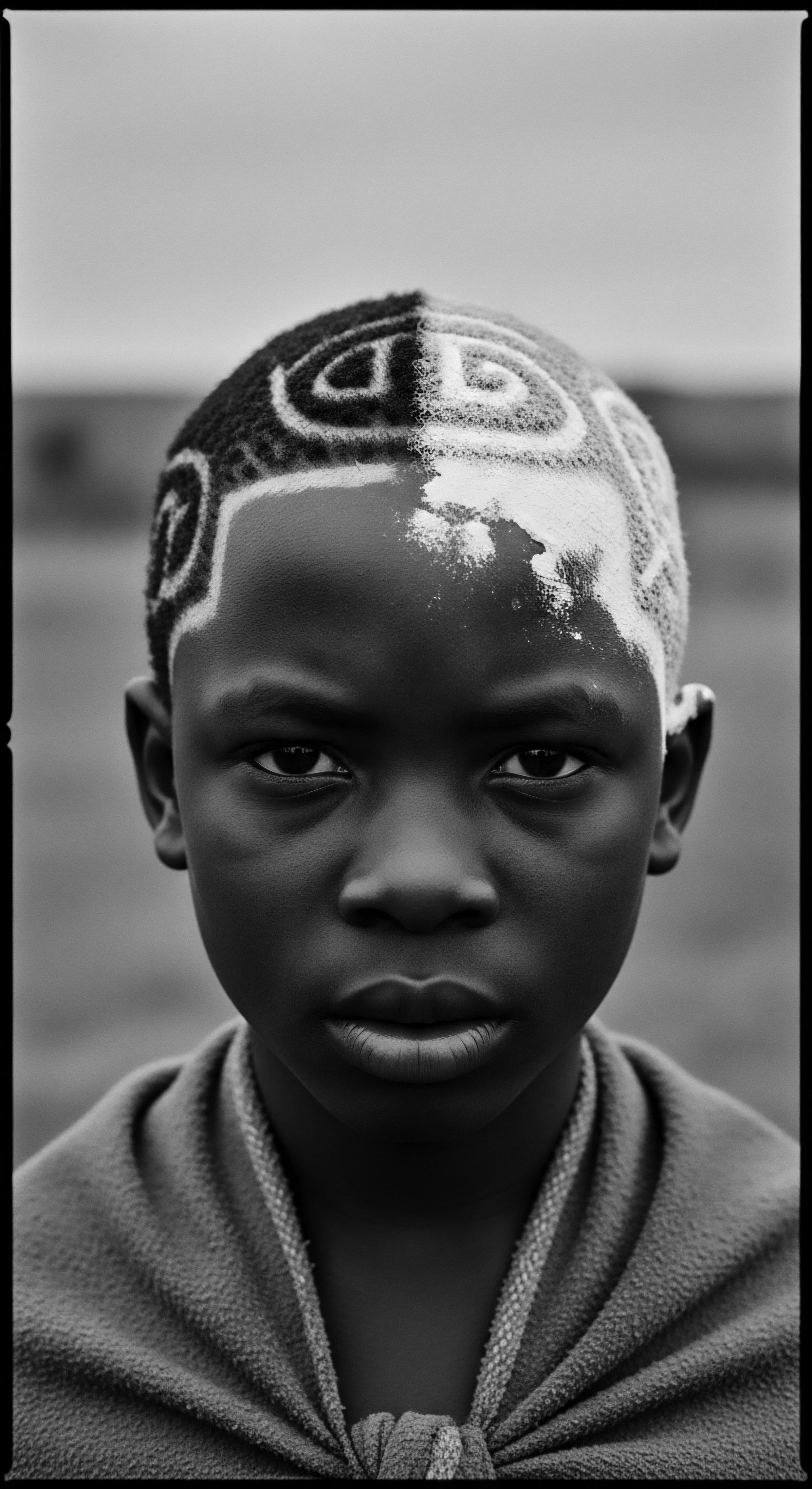 Striking Portrait Boy with Half-Shaved Spiraled Patterned Hair Black and White Captured in stark black and white, the boy's compelling stare and stylized coiffure—alternating shaved sections and light pigment—serves as a potent representation of ancestral heritage, artistic expression, and cultural pride intrinsic to Black hair formations and identity.