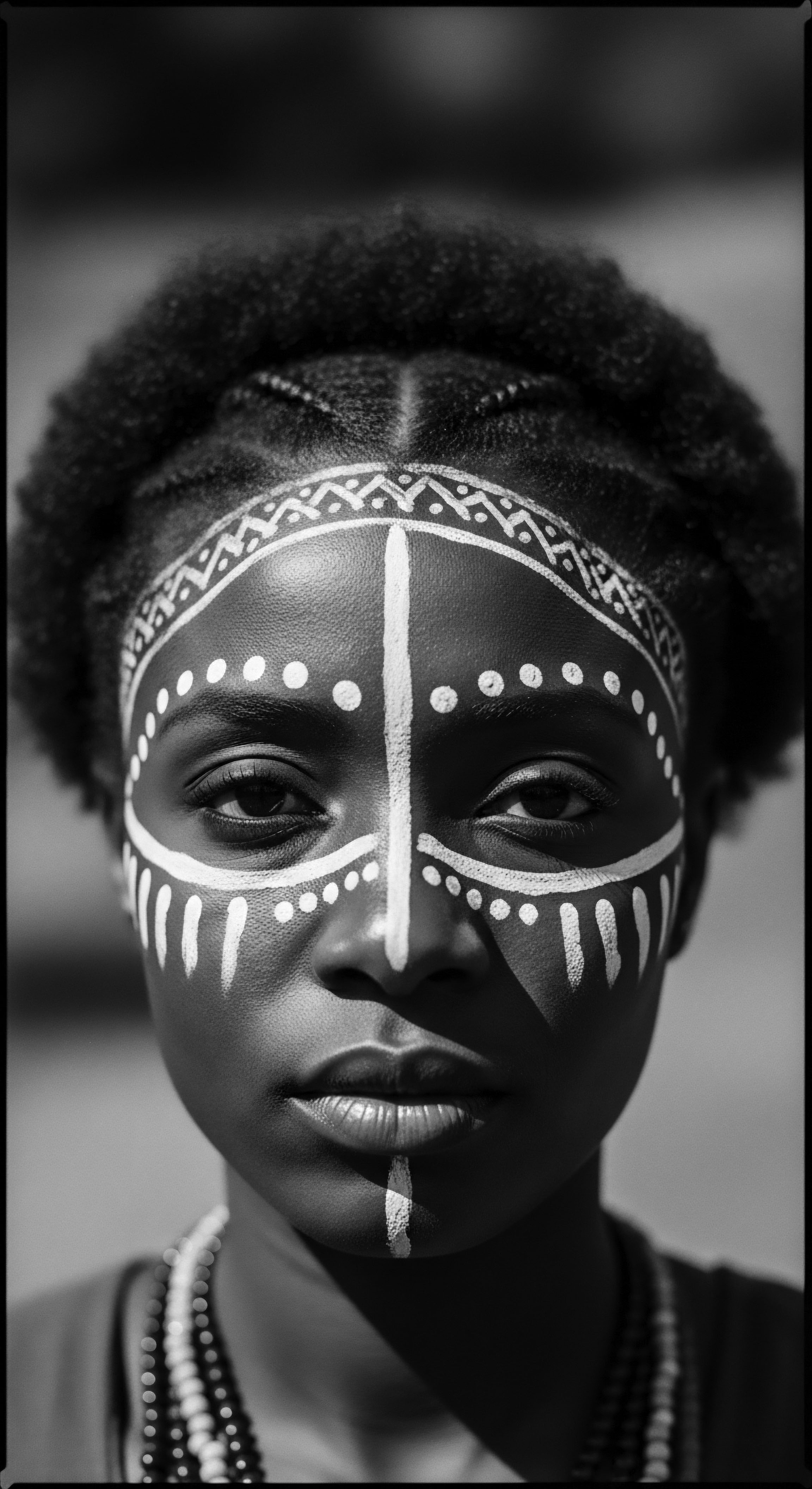 Striking Portrait Embodied Heritage With Fulani Inspired Face Painting Artistry The monochrome portrait evokes ancestral pride through deliberate Fulani-inspired face painting, highlighting coiled afro texture styled with care the striking contrast celebrates natural sebaceous balance and emphasizes the profound connection to cultural heritage, illustrating enduring aesthetic strength within ethnic beauty ideals.