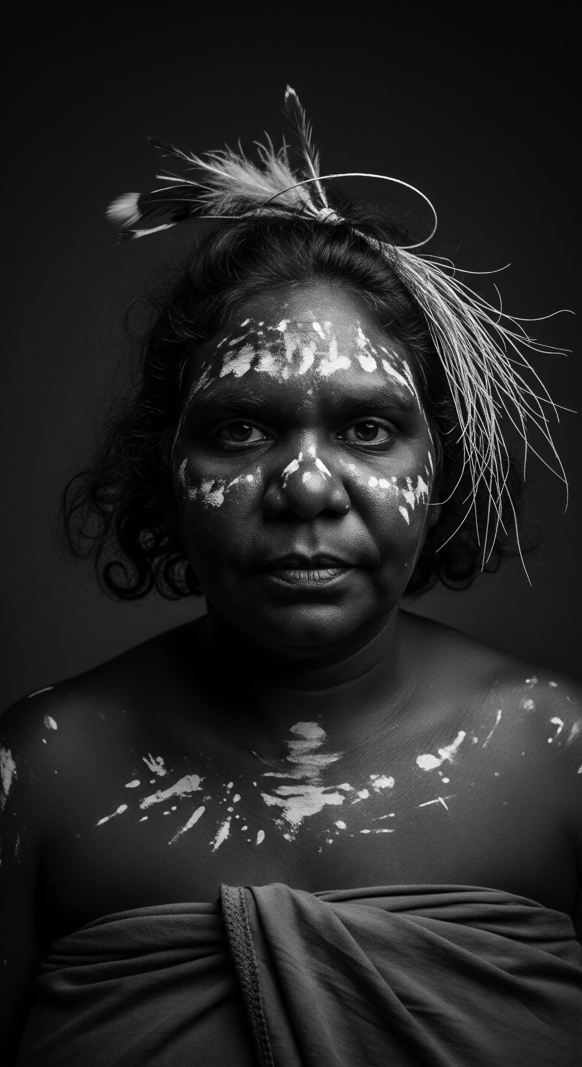 Striking Portrait Indigenous Woman Face Paint Feathers Cultural Heritage Expression This powerful monochromatic portrait captures the profound cultural heritage of an Indigenous woman, her face paint symbolizing identity and belonging, while the carefully arranged feather adornments accentuate the natural beauty of her textured hair, echoing ancestral connections and resilience in the face of adversity.