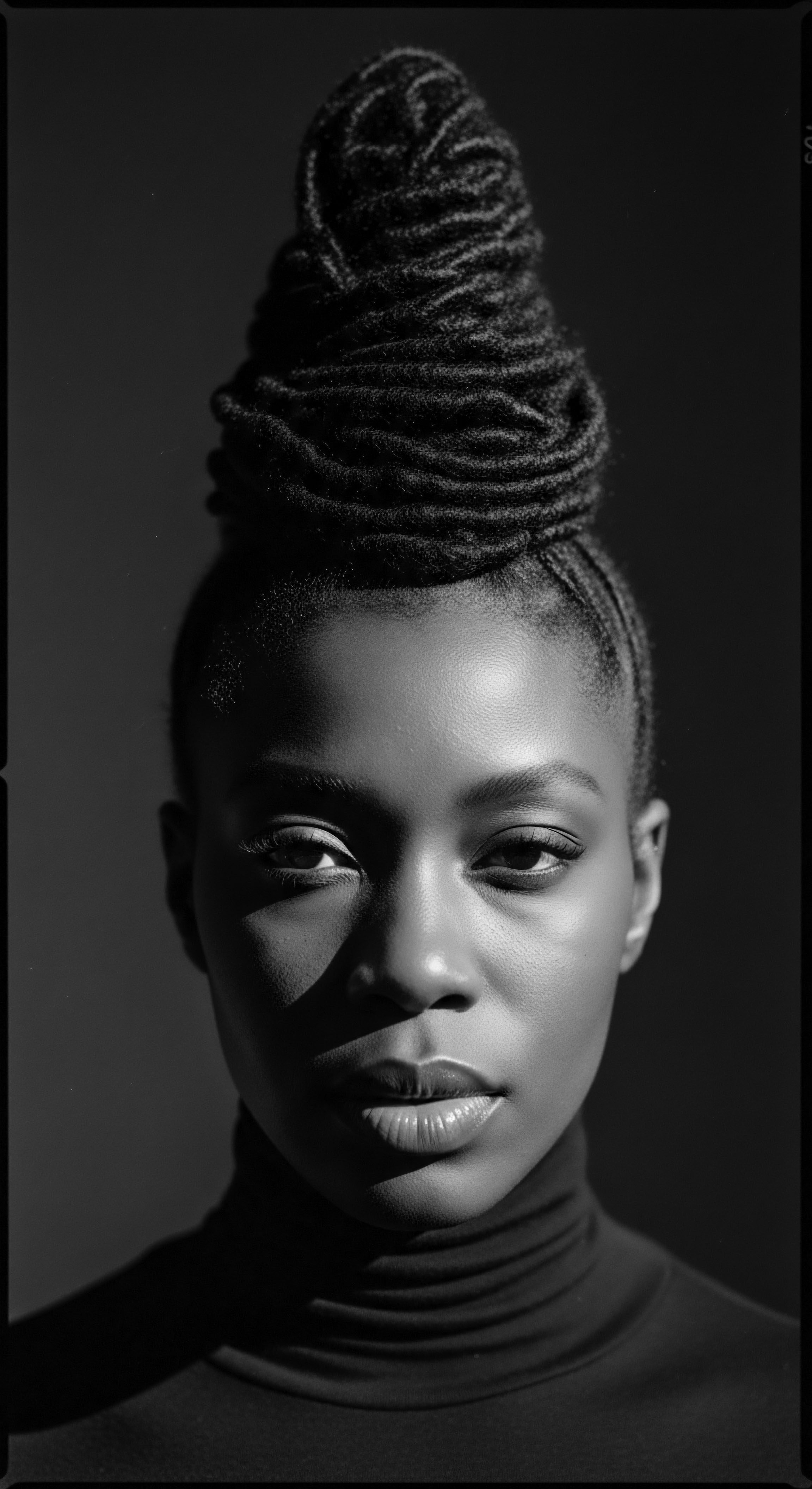 Striking Portrait of a Black Woman with Elegant Textured Hair Sculpture This portrait captures the strength and beauty of a Black woman, whose sculpted textured hair and confident gaze narrate stories of heritage, identity, and self-expression. The interplay of light and shadow celebrates the richness of melanated skin and the artistry within ancestral African hair traditions.