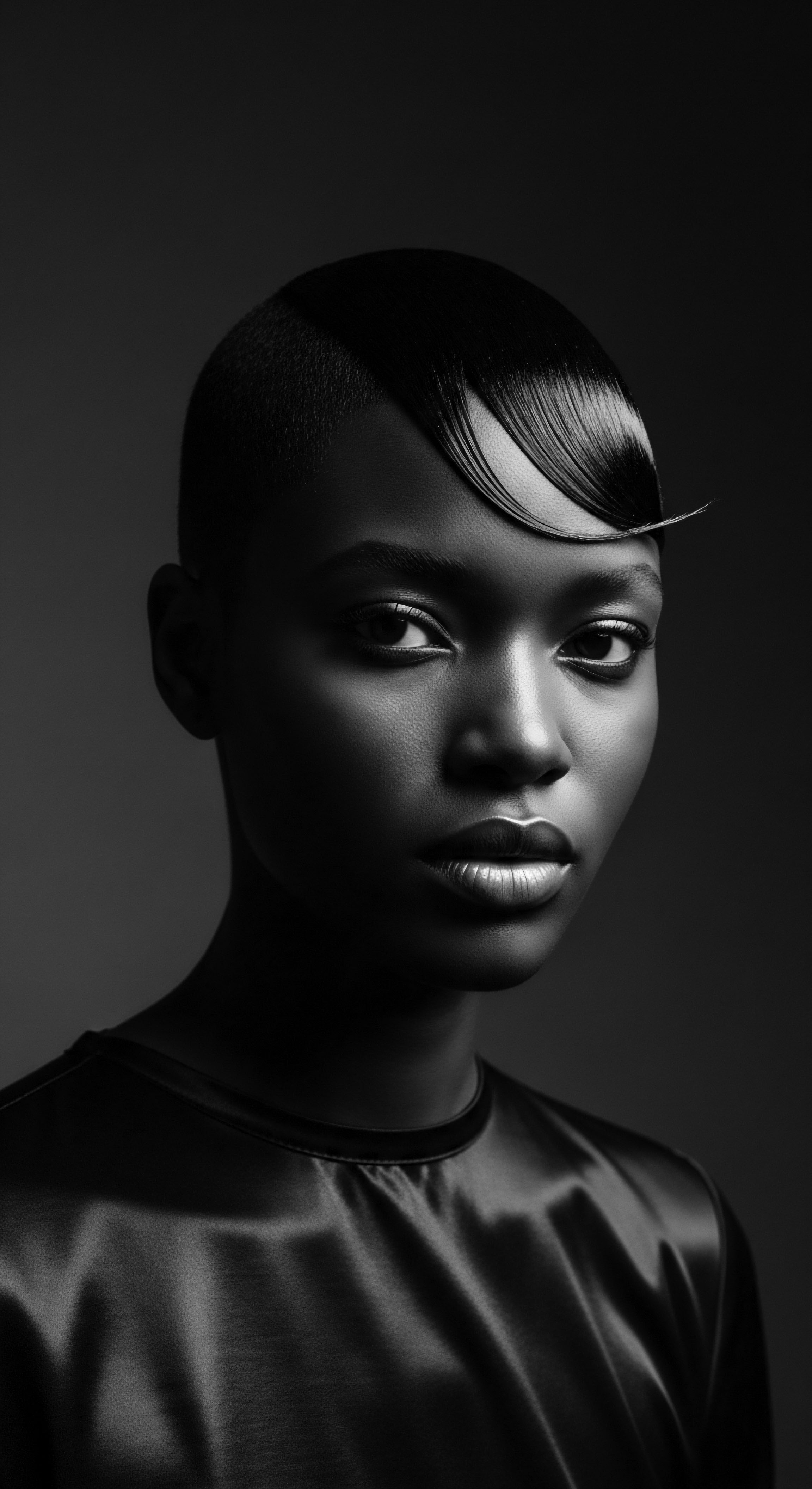 Striking Portrait of a Black Woman with Sculptural Textured Hair Styling This portrait invites reflection on identity, beauty and innovation within Black hair traditions, capturing the sculptural elegance of textured hair. The artistic styling and monochrome presentation elevate the image, blending heritage, wellness and expressive individuality, celebrating Black culture.