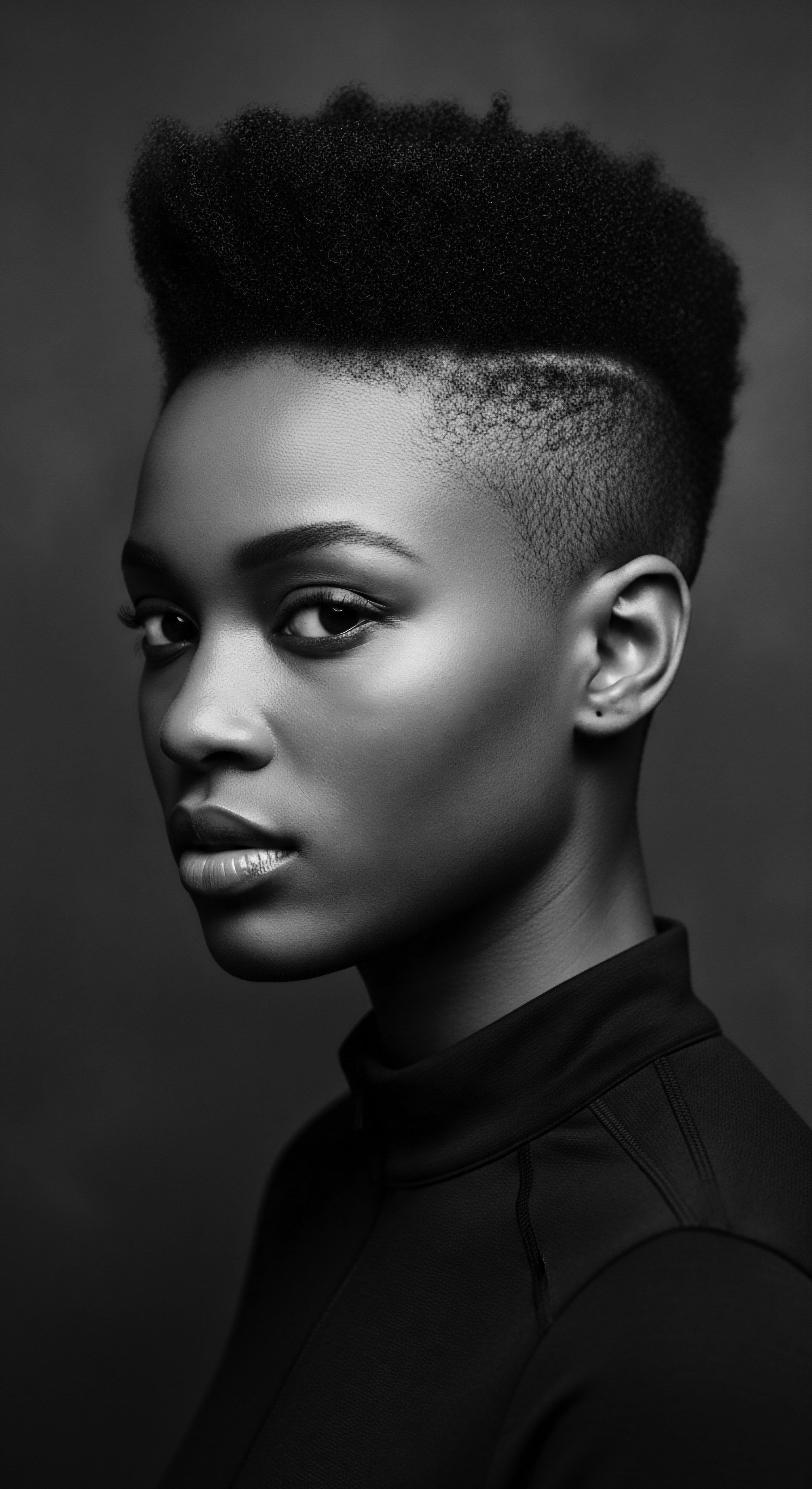 Striking Portrait of a Black Woman with Short Natural Textured Hair This evocative portrait captures the strength and beauty of Black womanhood, showcasing a contemporary natural hairstyle that respects ancestral heritage and celebrates self-expression. The cropped textured coiffure and defined features become a powerful statement of identity, individuality and confidence.