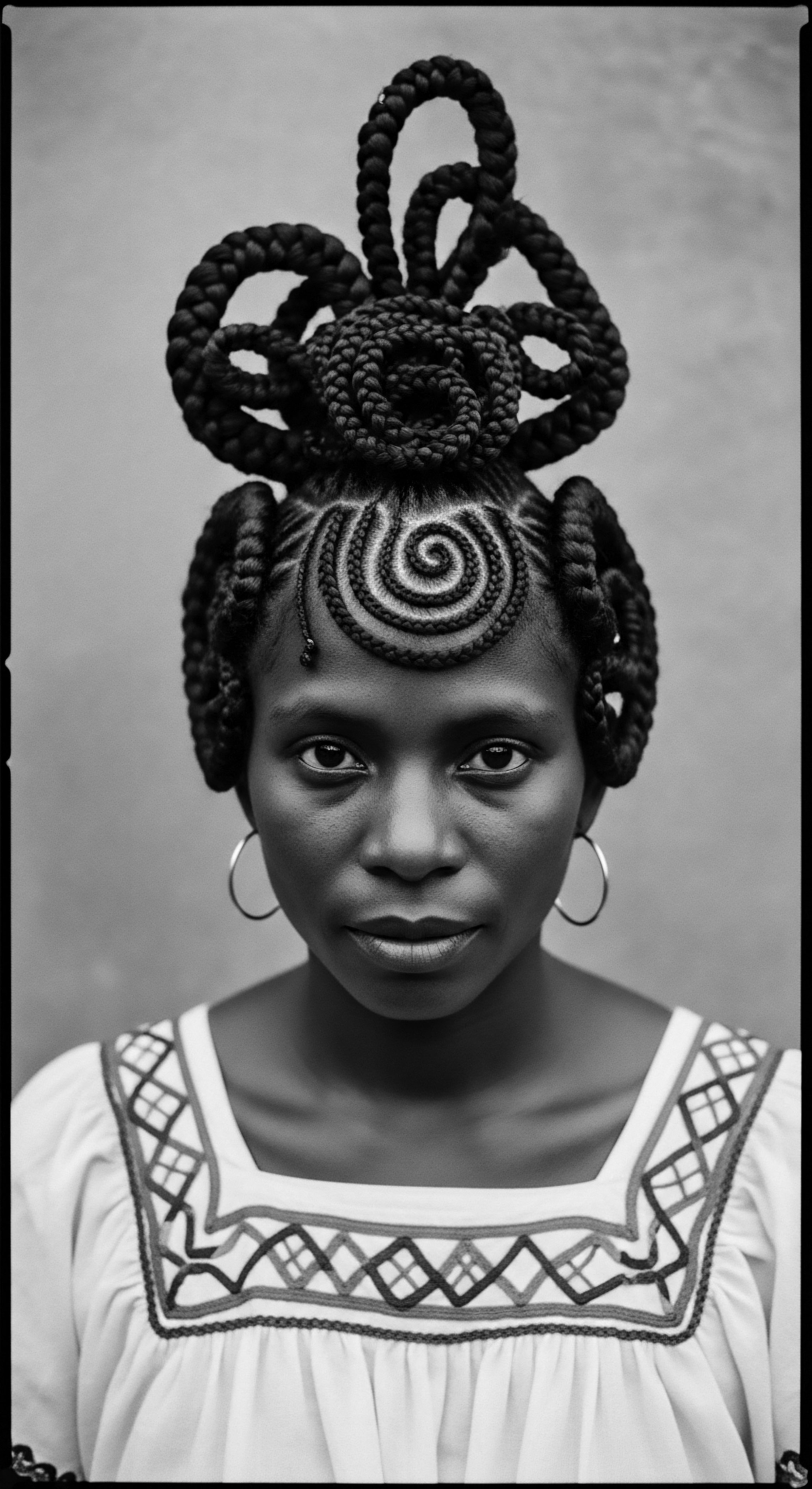 This intimate black and white portrait captures the profound beauty and cultural significance of intricately styled textured hair, showcasing a breathtaking braided updo symbolizing strength and connection to ancestral traditions and expressive styling for self-expression.
