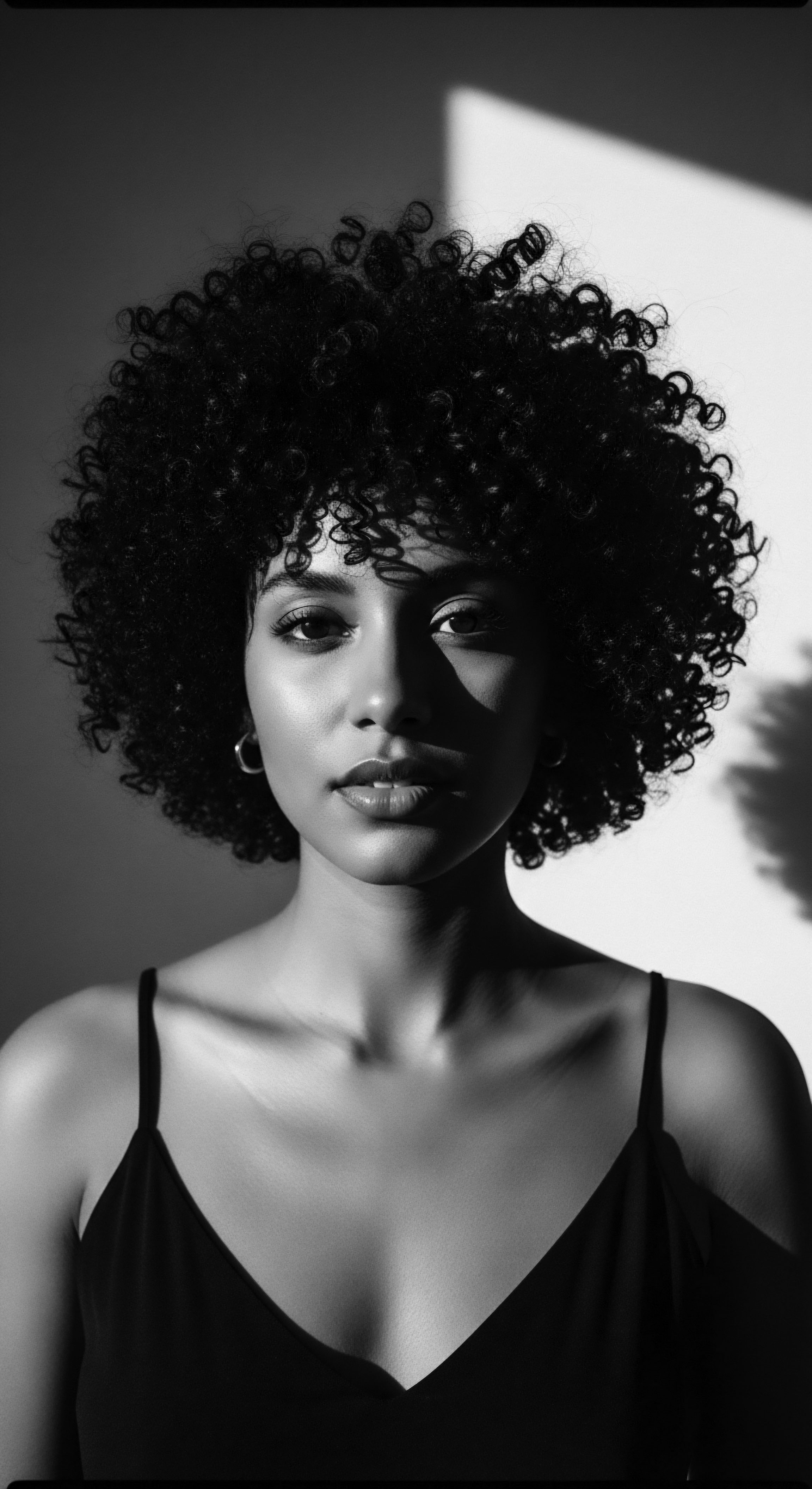 Striking Portrait of a Woman Showcasing Natural Kinky Coily Textured Hair This captivating black and white portrait celebrates a woman's natural beauty, focusing on her striking kinky coily textured hairstyle. Embracing ancestral heritage and holistic hair care, this image invites contemplation on expressive styling and the empowerment found in owning one's natural helix formation.