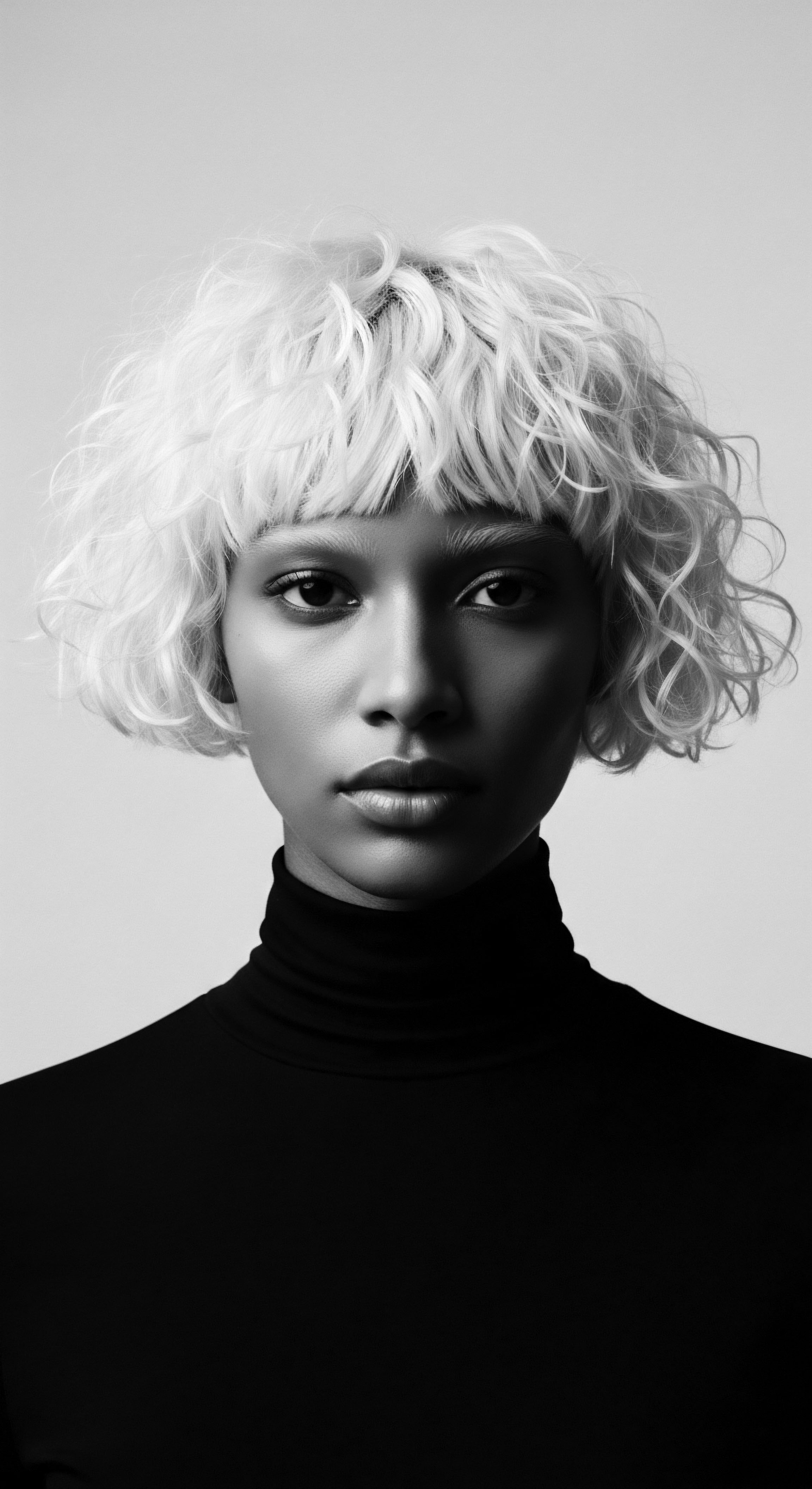 Striking Portrait of a Woman with a Blonde Coiled Bob Hairstyle This compelling portrait emphasizes coiled hair as a form of self-expression, celebrated for its unique pattern and texture. The stark contrast amplifies the texture of the bob hairstyle and the beauty of natural hair, representing a confident exploration of identity and personal style.