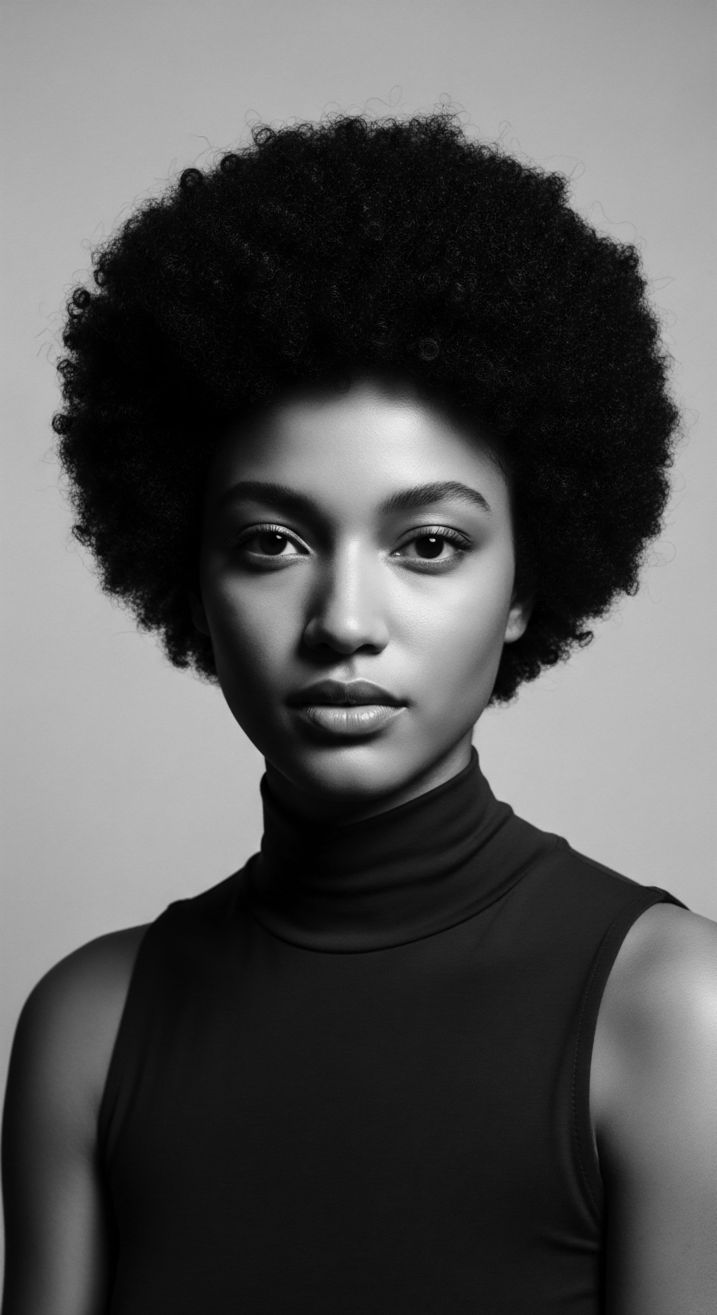 Striking Portrait of a Woman with Bold Afro and Sleek Attire This striking black and white image honors the beauty of naturally coiled hair, blending modern fashion with ancestral pride, highlighting holistic hair care practices, and encouraging expressive styling within Black heritage, promoting discussions around textured hair forms and diverse hair narratives.