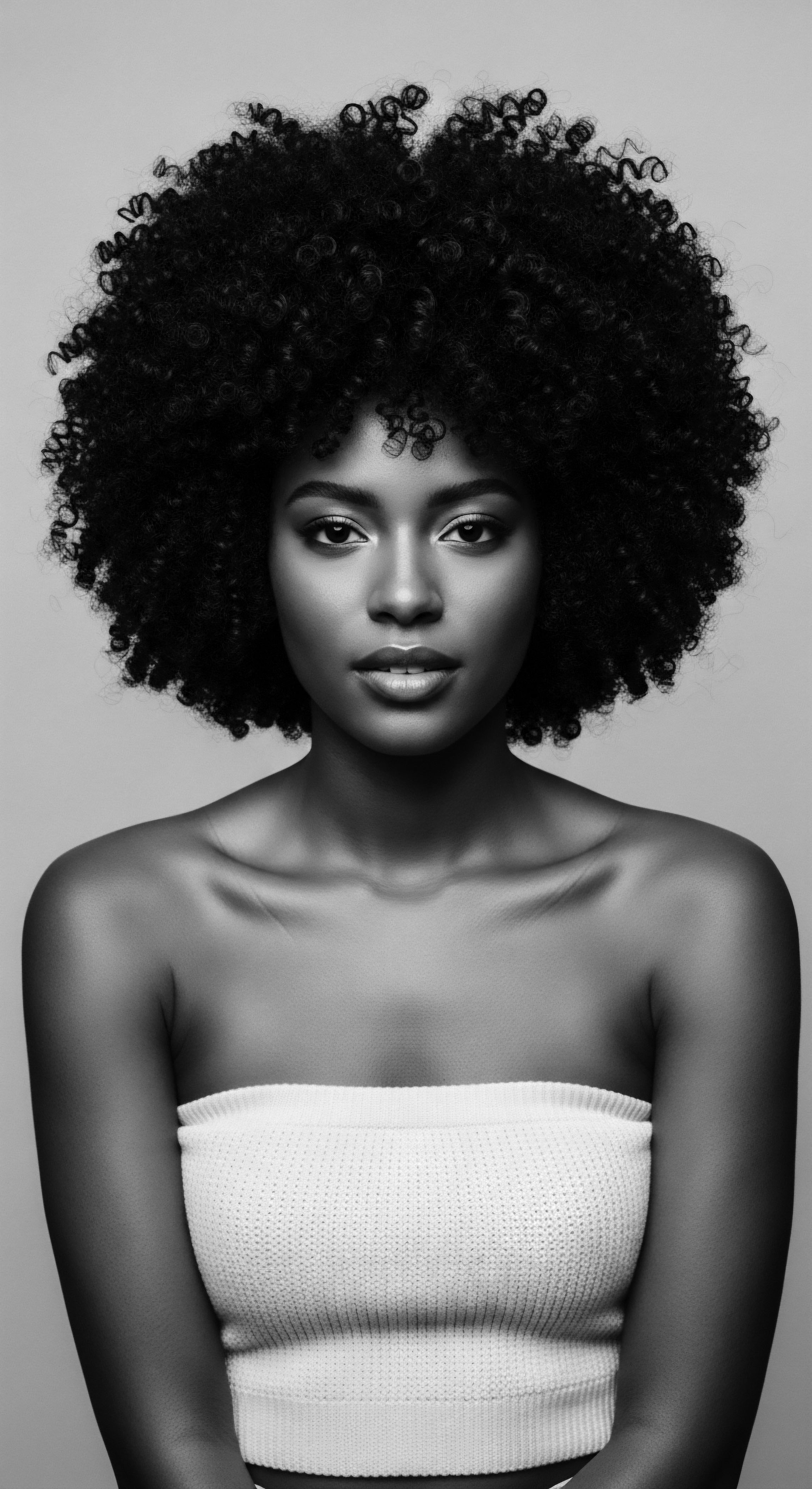 Radiant in monochrome, the woman's afro textured coils create a powerful statement of self acceptance and cultural pride. This visual narrative invites viewers to appreciate the beauty and heritage embedded within natural hair, highlighting the artistry and individuality inherent in its care and styling traditions.