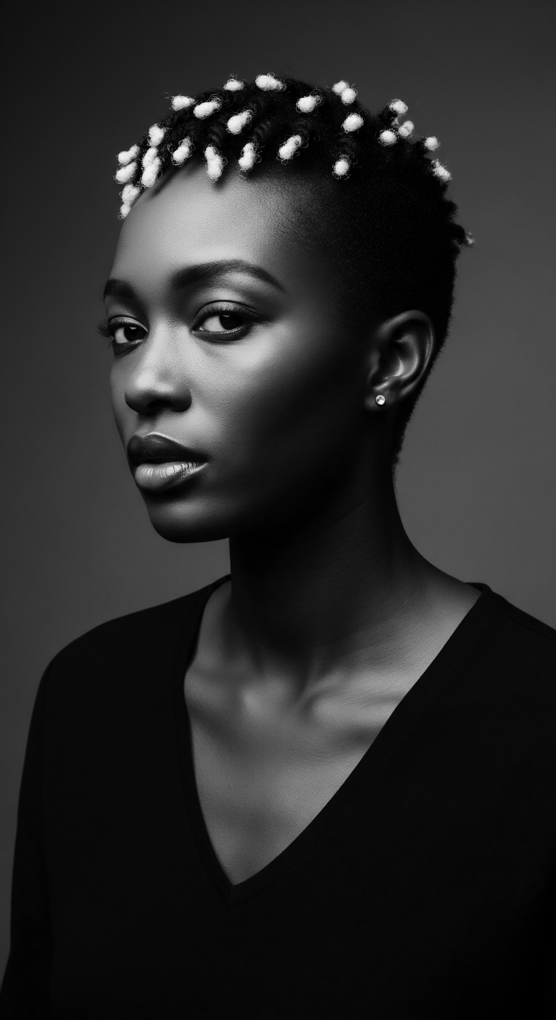 Striking Portrait of a Woman with Exquisite Crown of Textured Coils The image celebrates cultural richness and beauty practices. The woman embodies self-expression through her natural hair texture and adornments. The portrait emphasizes the importance of holistic hair care, identity, and pride for natural formations while maintaining scalp health.