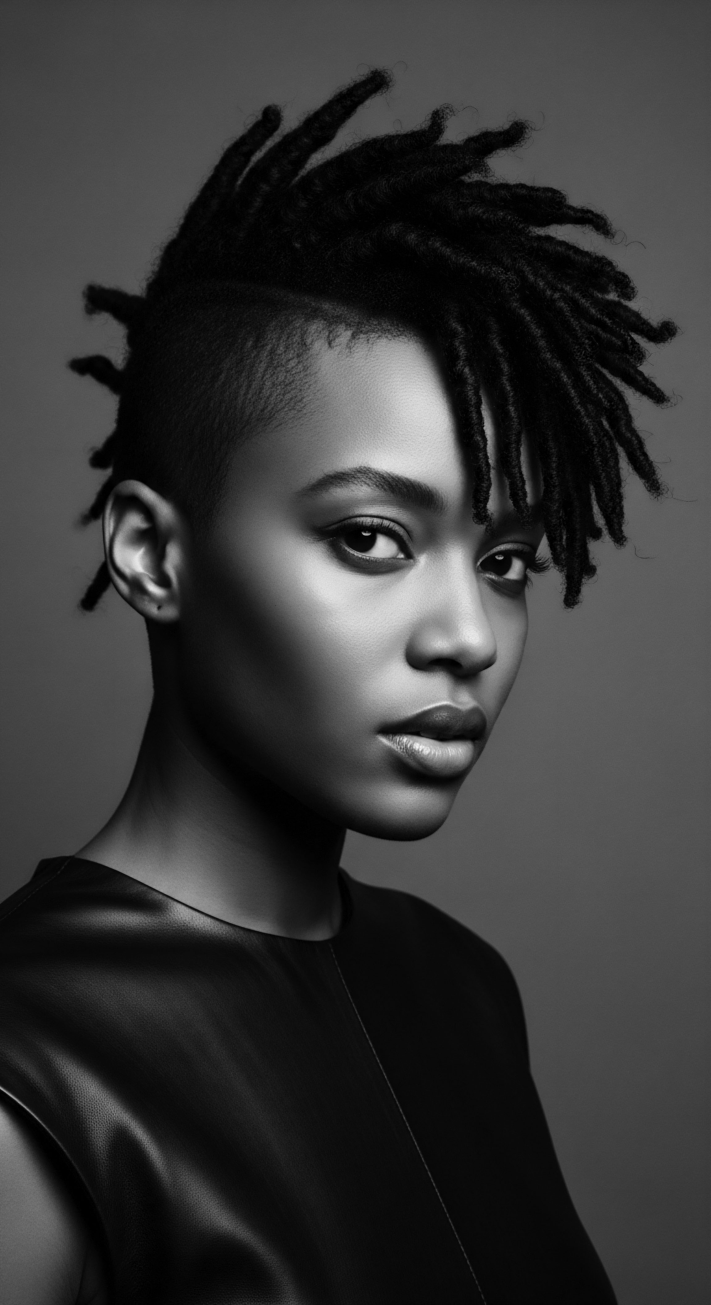 Striking Portrait of a Woman with Modern Locs and Shaved Sides This portrait explores modern black hair styling, merging shaved sides with elegantly crafted locs, highlighting contemporary expressions of heritage and individuality the image's contrast draws attention to both strength and sophistication in the context of textured hair and beauty narratives.