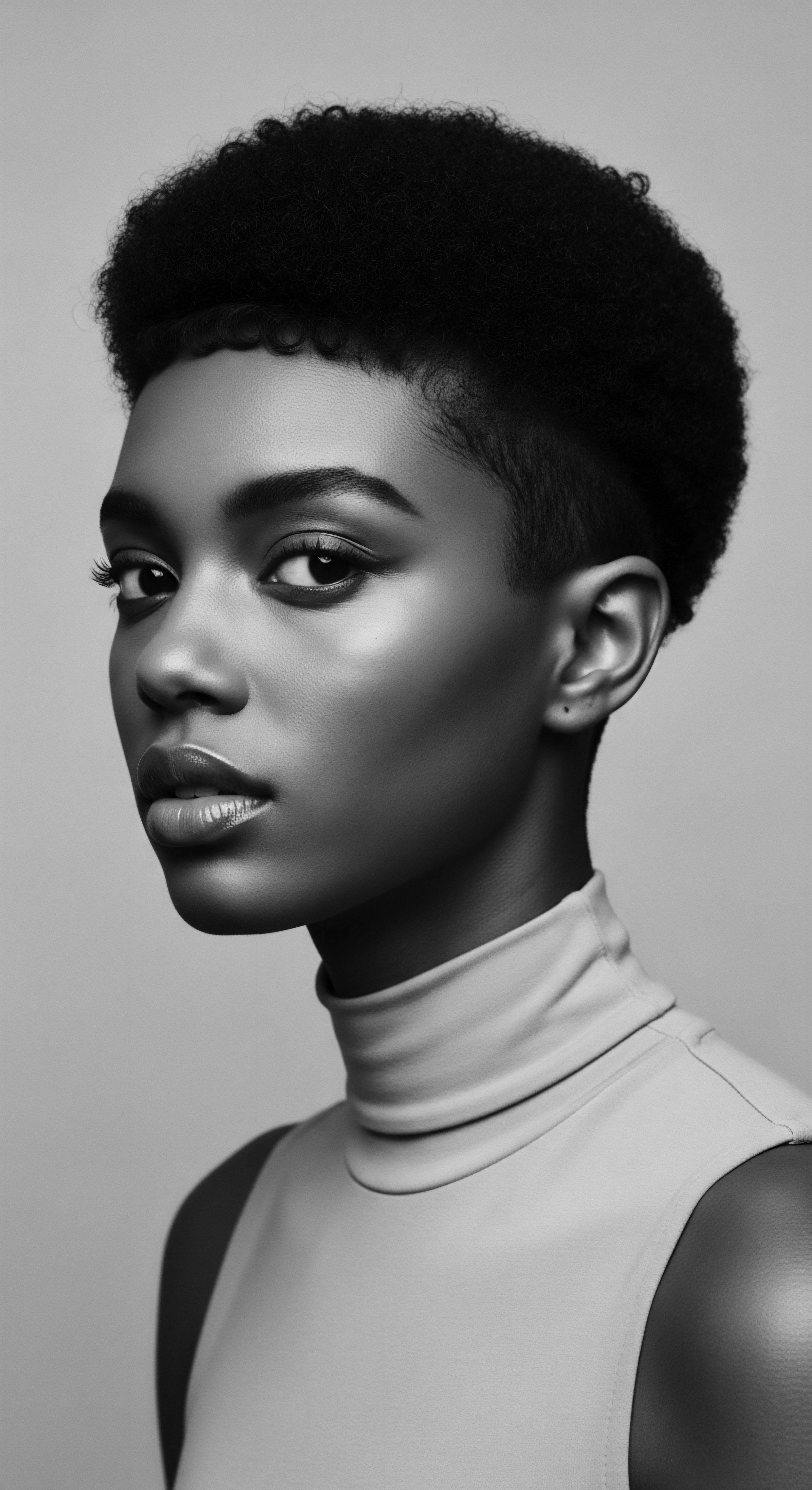 A monochrome portrait showcases a woman with short, cropped textured hair, featuring defined coil patterns atop the head. Her makeup enhances her features with carefully applied contouring and highlighting. The high neck top frames her neckline, emphasizing elegance within the black and white tonality.