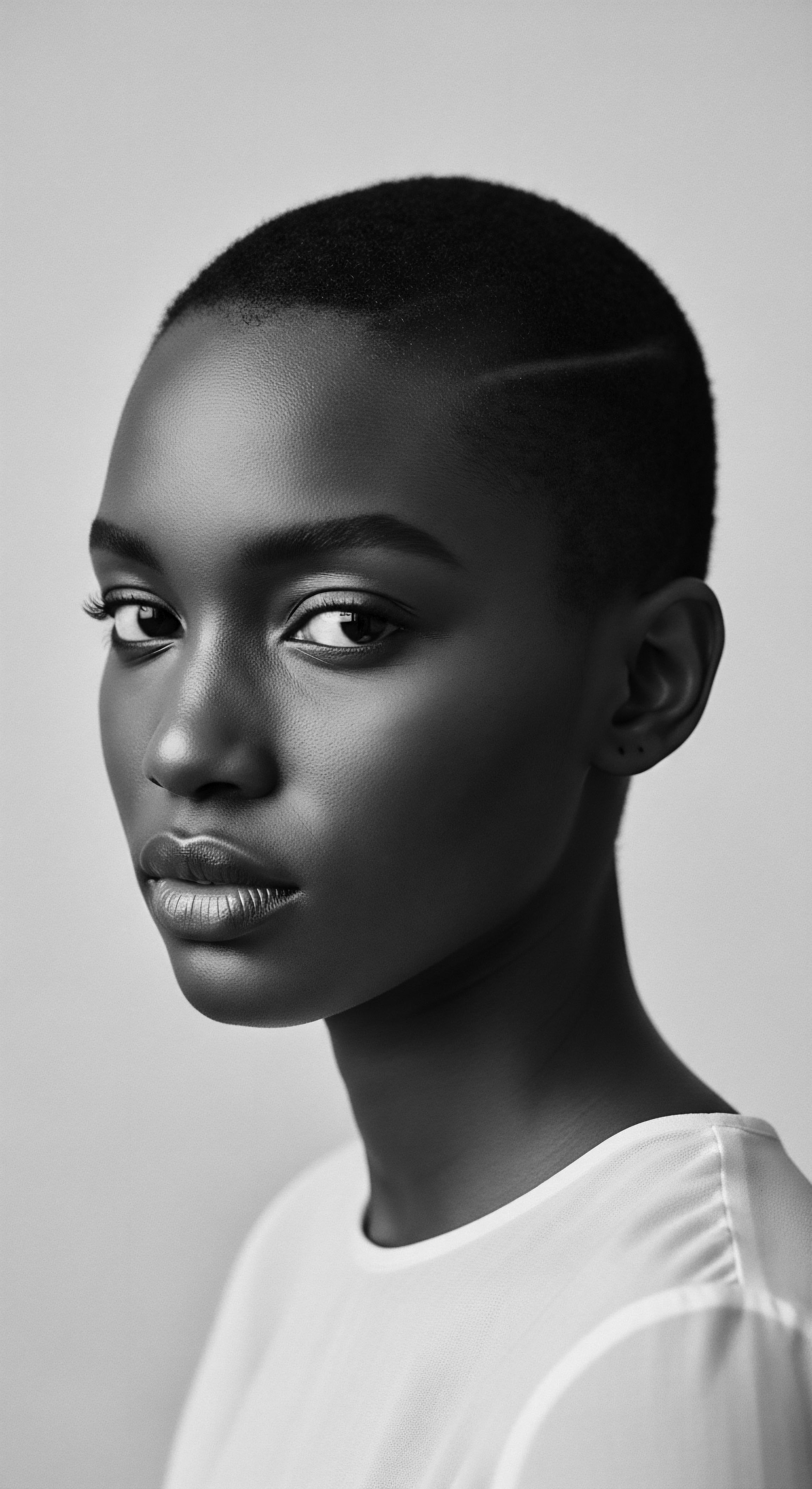 Striking Portrait of a Woman with Short Natural Textured Haircut Design This arresting black and white image captures the essence of minimalist natural hair styling, celebrating textured hair within a context of profound heritage and self-assured presentation. The carefully chosen haircut amplifies the woman's radiant features, embodying self-acceptance and culturally rich identity narratives.