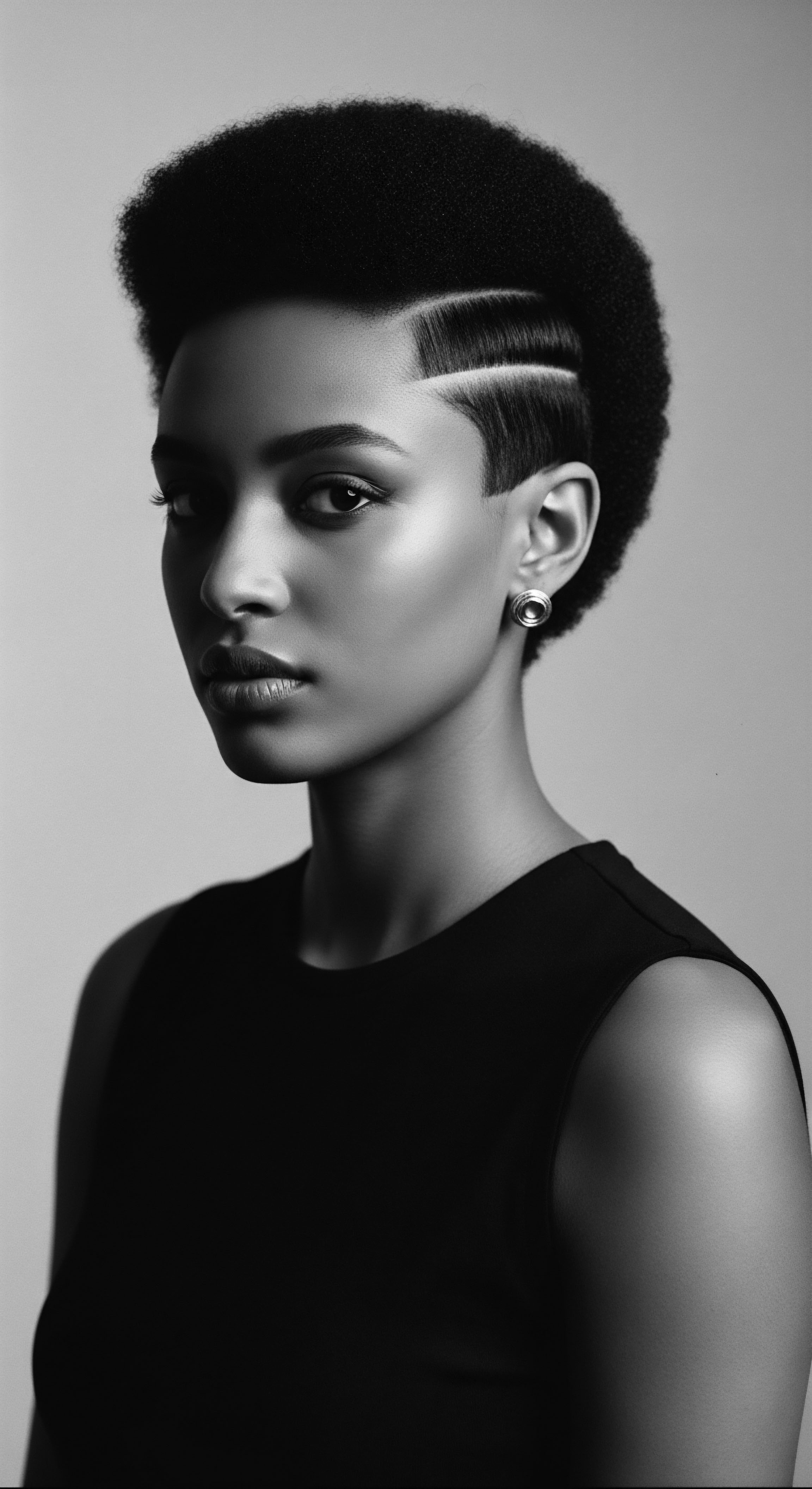 Striking Portrait of a Woman with Short Textured Hair and Clean Lines This portrait presents a powerful expression of identity through hairstyling. With precision lines and expertly textured hair, it represents not just an aesthetic choice but celebrates cultural heritage and artistic individuality within textured hair traditions. It evokes confidence and modern expressions of Black identity.