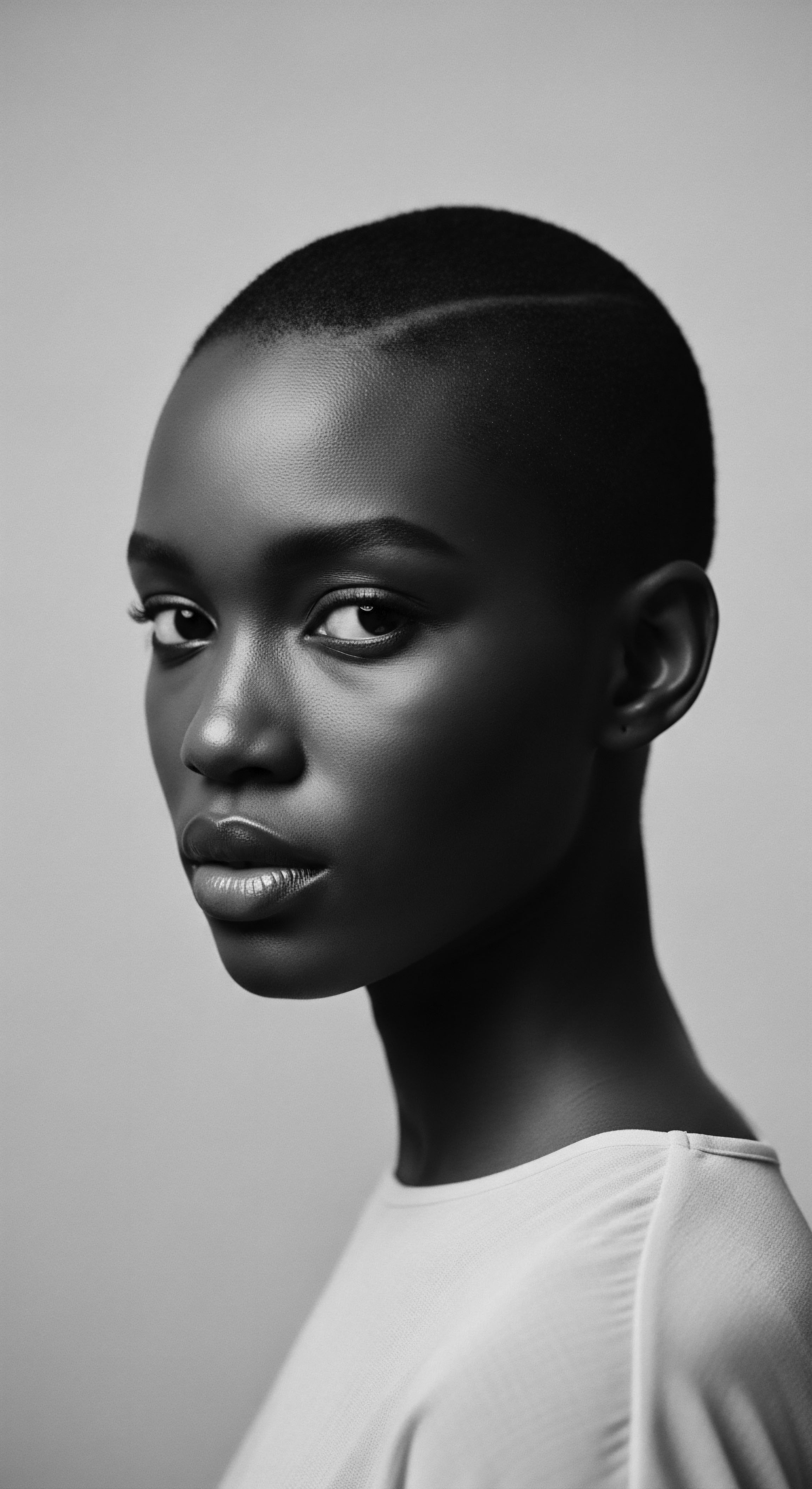 The image portrays a woman of strength and sophistication, highlighted by the striking contrast in black and white, and her smooth, closely cropped textured hair. It speaks to ancestral pride and a modern aesthetic, reflecting both heritage and a celebration of individuality.