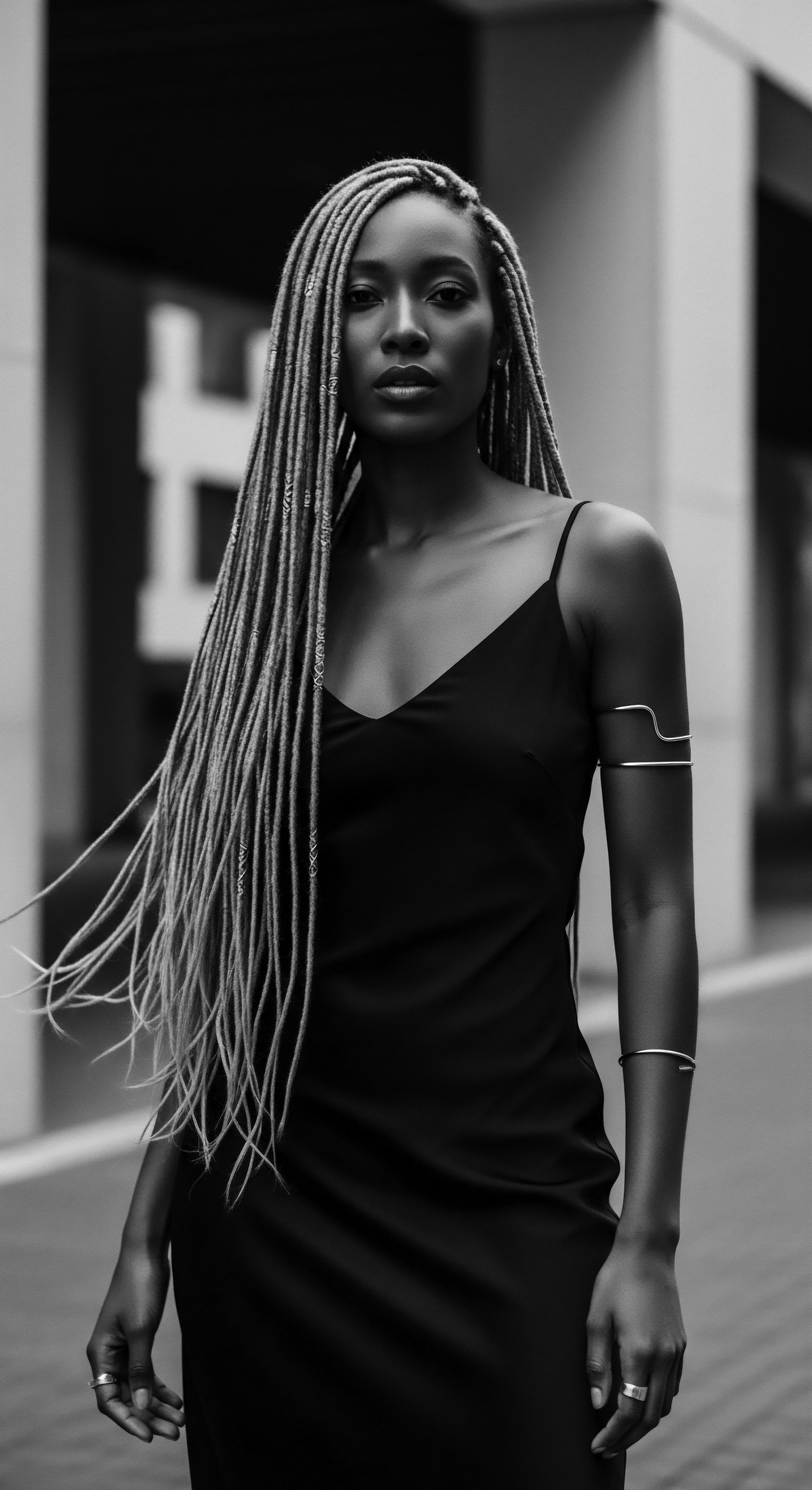 Striking Portrait of a Woman with Silver Braids and Elegant Dress This portrait evokes a sense of timeless beauty, with the woman's silver braids serving as a bold expression of identity, underscored by her elegant dress and jewelry. It’s a visual ode to personal style integrated with holistic beauty, resonating with resilience, cultural expression and textured hair pride.