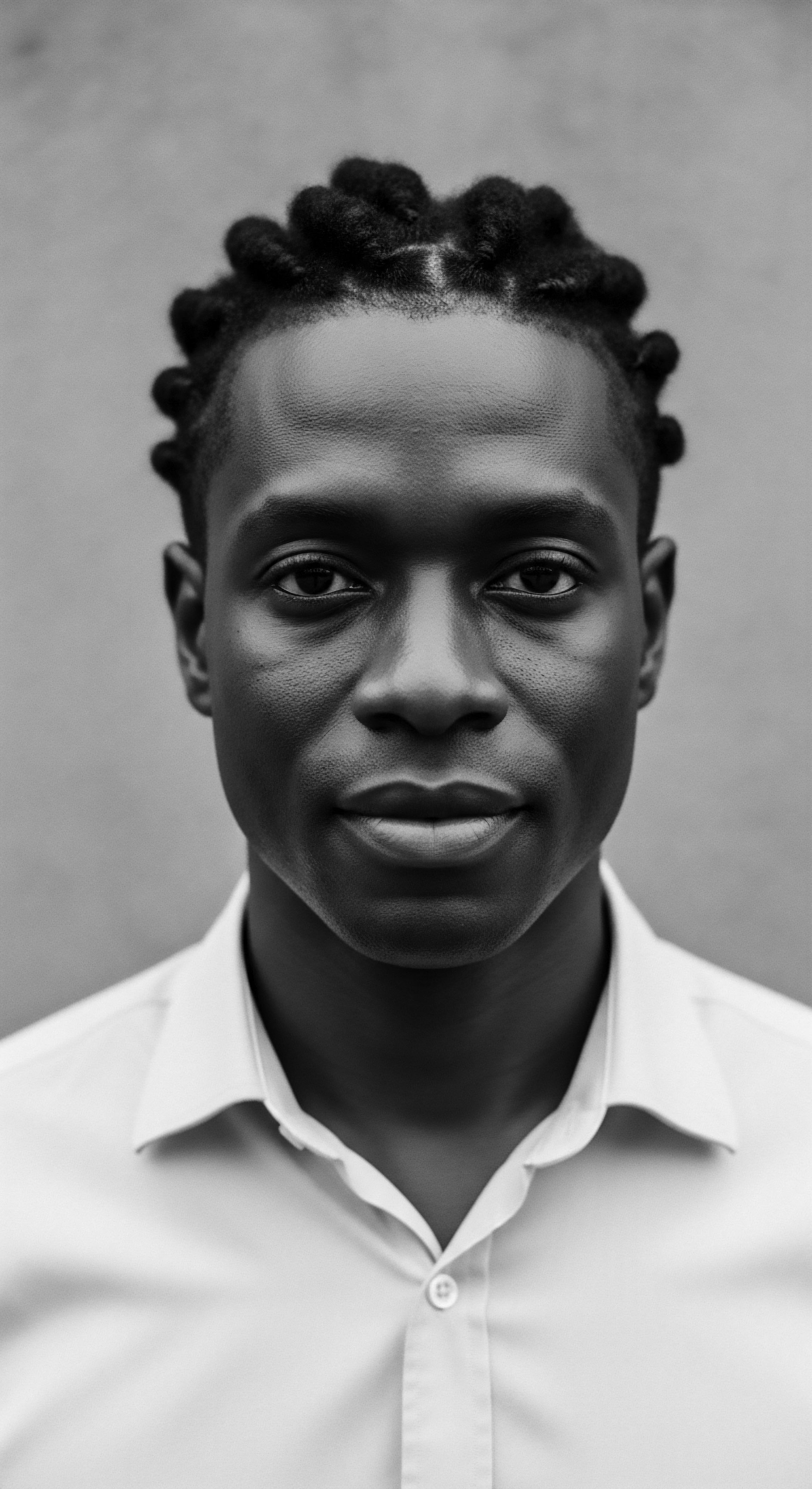 This portrait embodies strength and serenity, showcasing the beauty of coiled textured hair formations and Black male identity. The monochrome aesthetic enhances the timeless quality of this image, offering a moment of introspection and celebration of heritage and personal expression.
