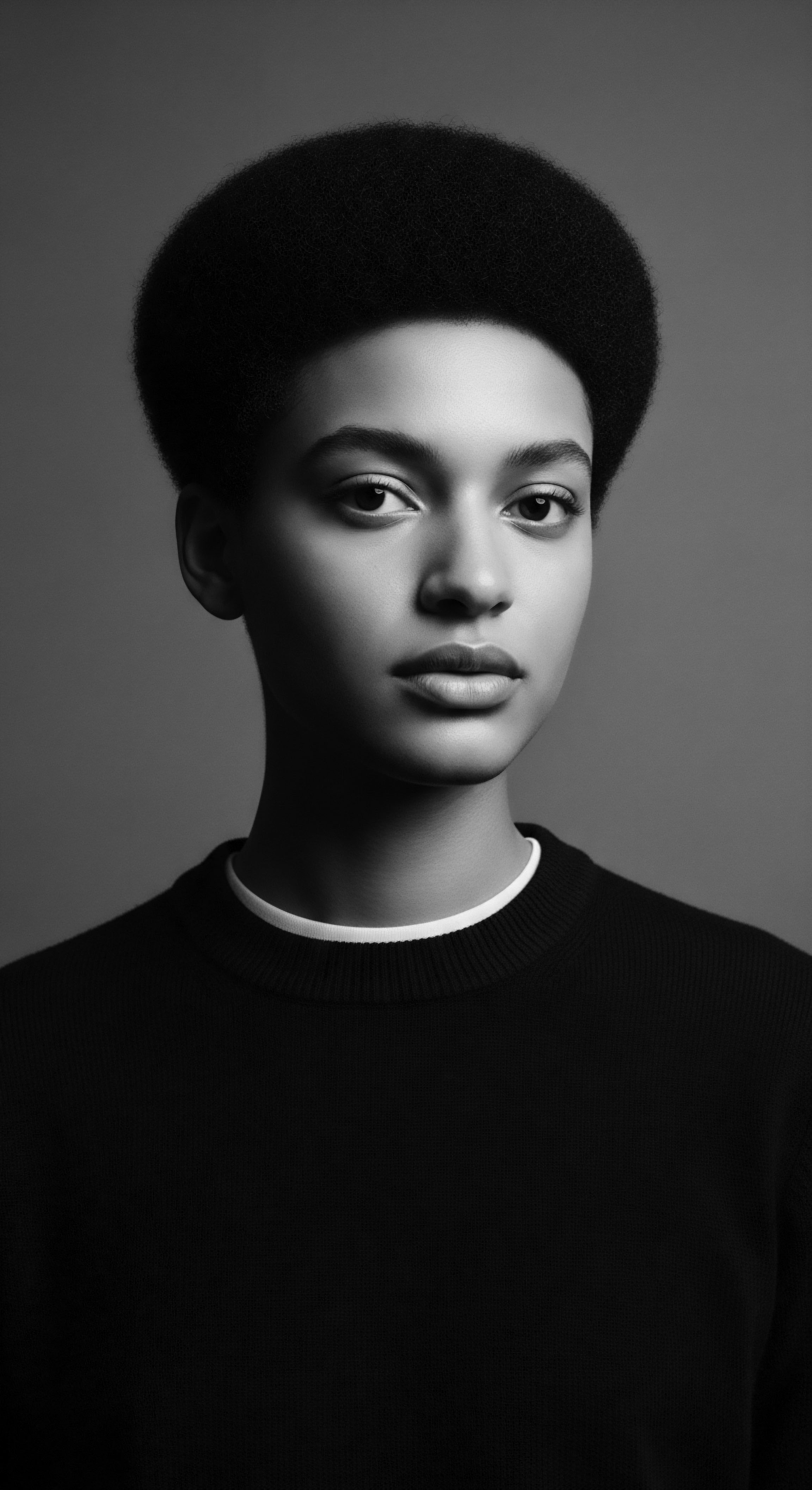 Striking Portrait of a Young Black Woman Showcasing Afro Textured Hair The black and white portrait celebrates afro textured hair in its naturally shaped state, while showcasing elegance and beauty in simplicity. The minimalist aesthetic allows focus on heritage, individuality, and the enduring strength found through self-acceptance, reflecting cultural roots, and unique hair identity.