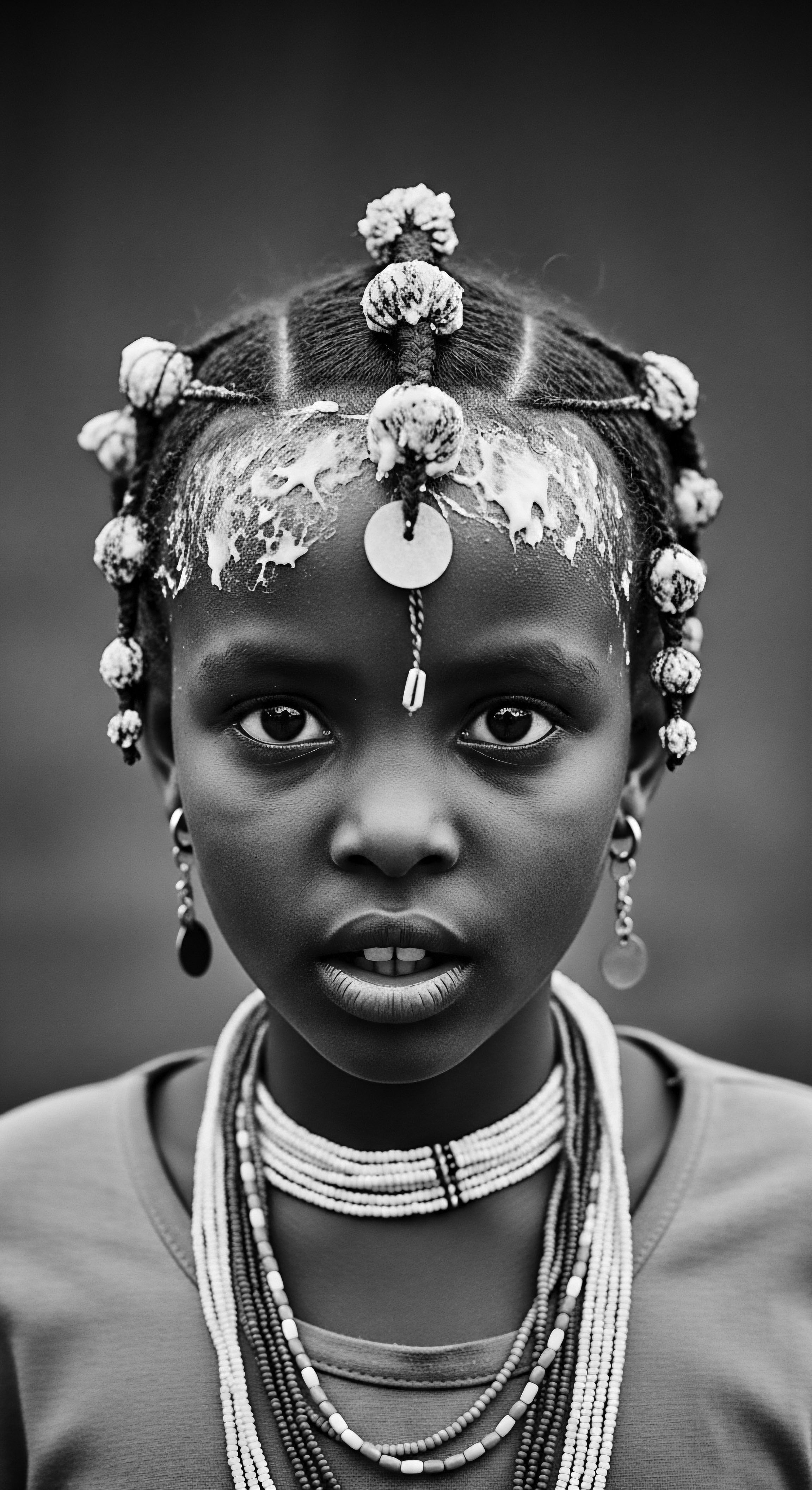 Striking Portrait of a Young Person with Braided Hair Adorned with Cowrie Shells The image evokes a serene yet intense presence, showcasing rich cultural heritage through traditional braided styling, emphasizing cowrie shells and white cosmetic markings on the textured Afro hair. The child's deep gaze invites reflection on identity, beauty standards, and the timeless power of inherited aesthetics.
