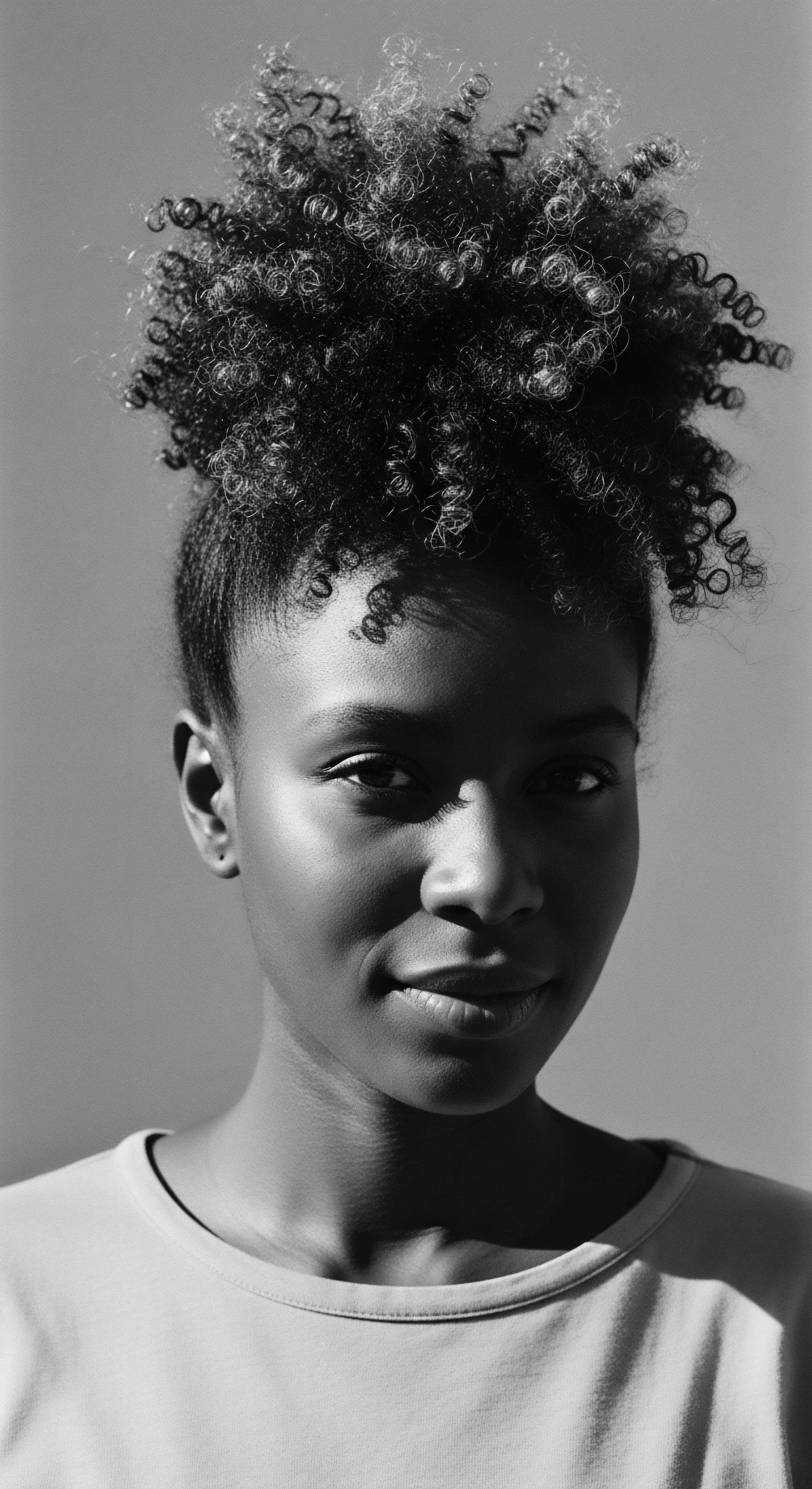 This high-contrast monochrome photograph invites reflection on Black hair traditions, capturing the beauty of upward coiled Afro textured hair. The image celebrates the natural springy formations, expressive styling, and individual identity expressed through the wearer’s unique ancestral heritage and holistic hair care.
