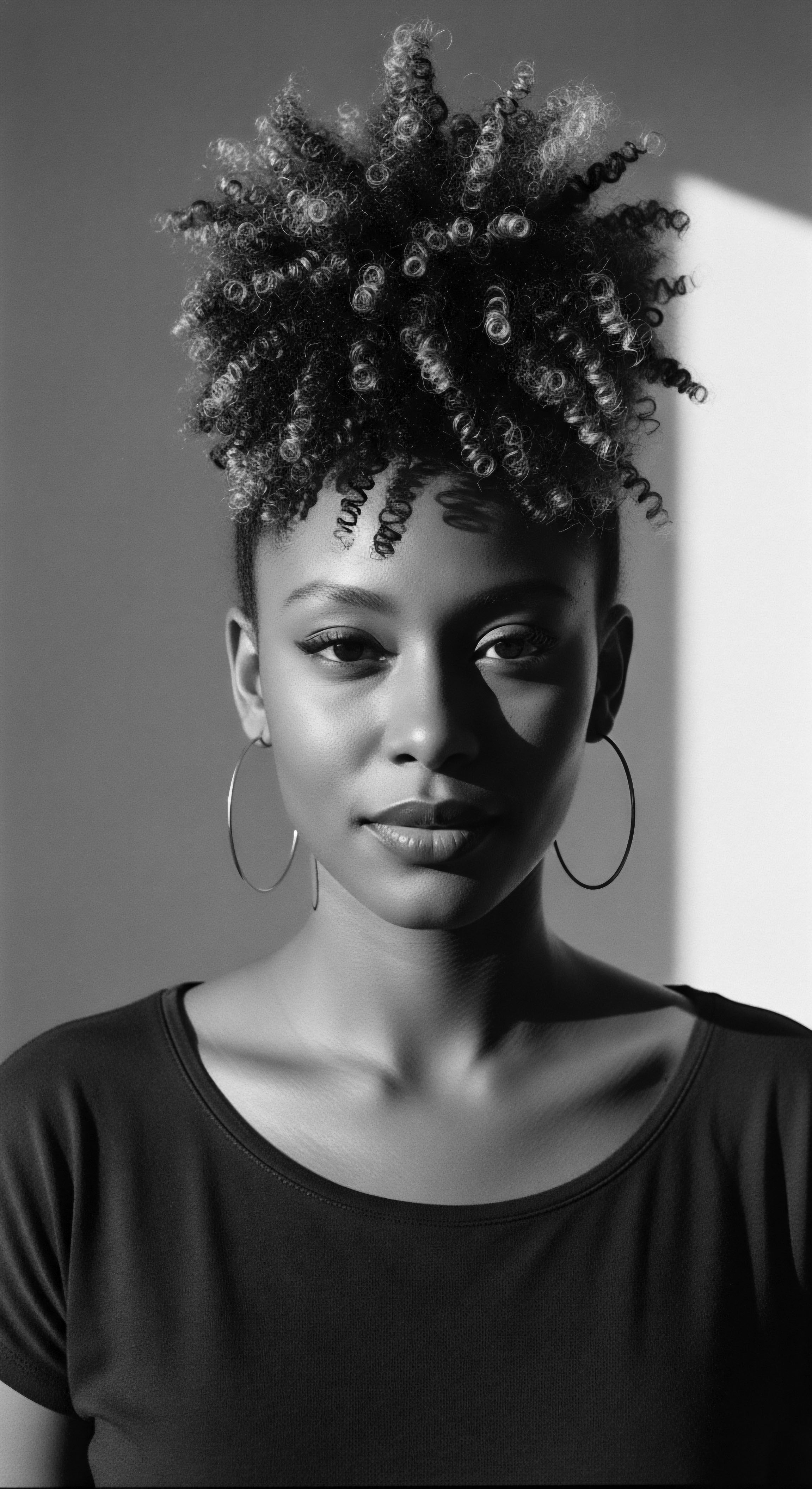 Striking Portrait of a Young Woman with Coiled Textured Hair Updo Bathed in a beautiful light, the portrait captures the essence of a confident young woman, her tightly coiled hairstyle a testament to personal style, heritage, and expressive styling. The contrasting tones highlight the intricate details of her coils and facial features.