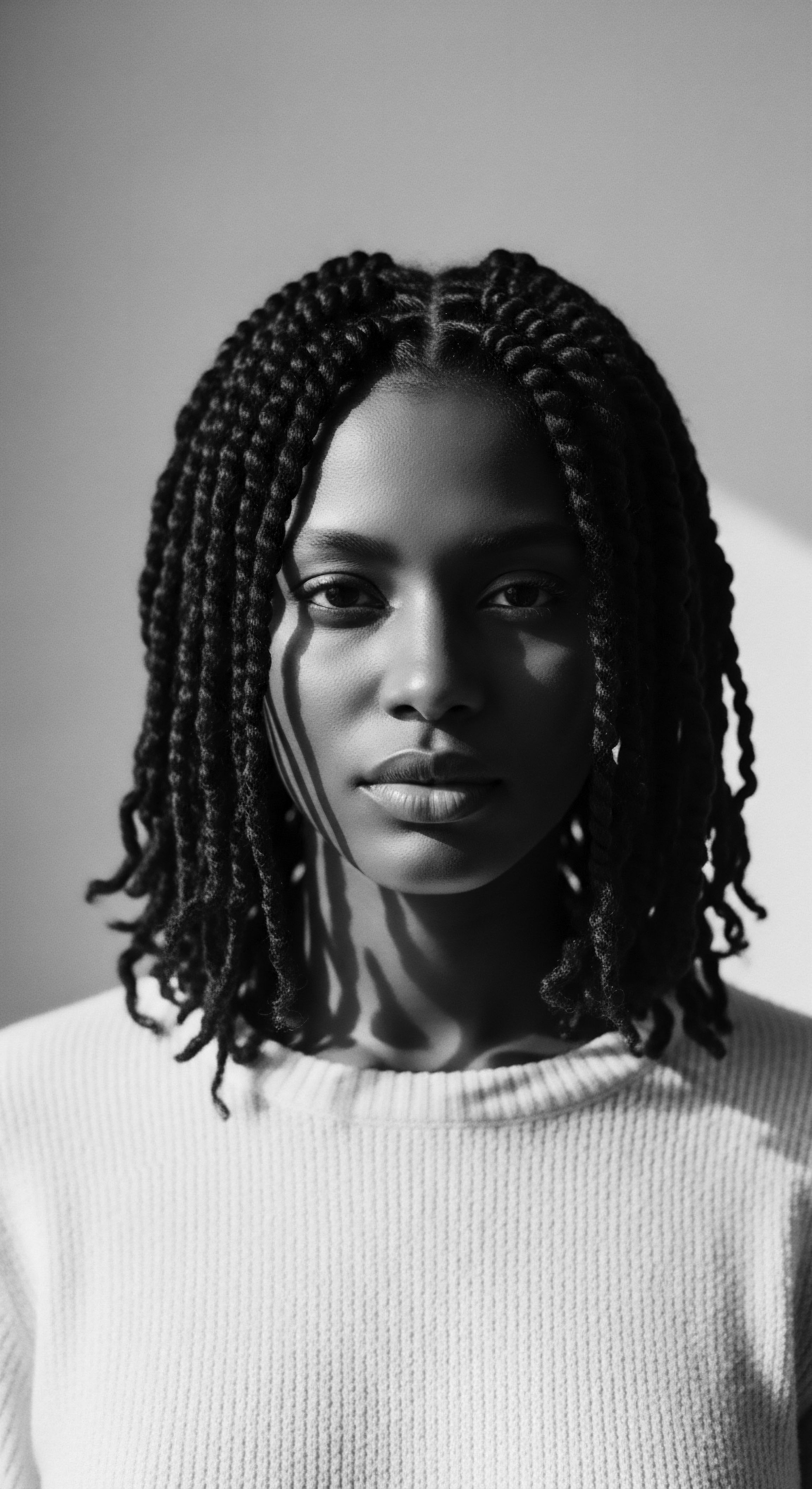 This portrait captures the essence of confident grace. Her hairstyle reflects heritage and contemporary style, symbolizing self-expression and cultural pride. The interplay of light and shadow emphasizes the beauty of the coiled texture, inviting viewers to appreciate the artistry and legacy within diverse hair traditions.